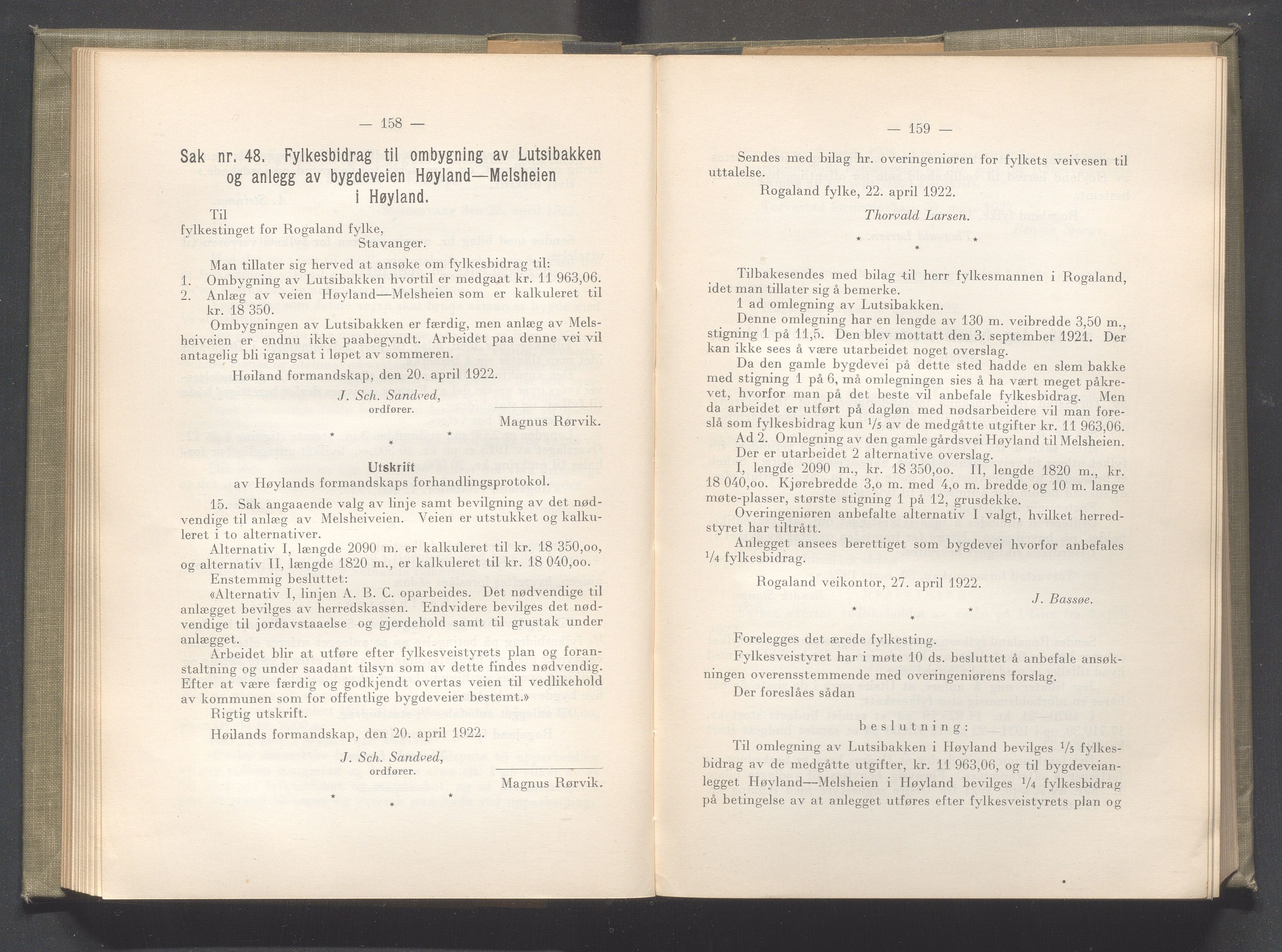 Rogaland fylkeskommune - Fylkesrådmannen , IKAR/A-900/A/Aa/Aaa/L0041: Møtebok , 1922, p. 158-159