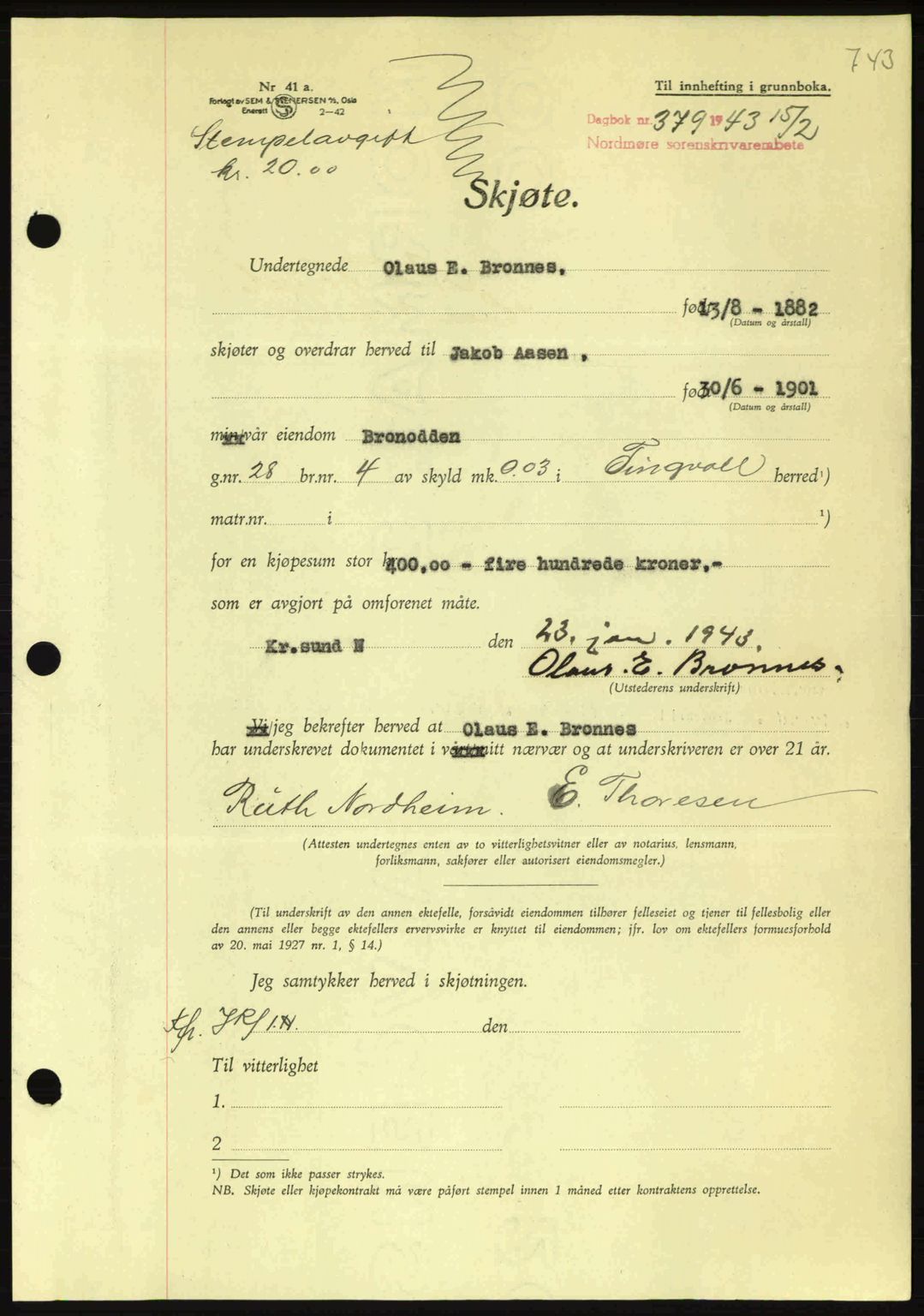 Nordmøre sorenskriveri, AV/SAT-A-4132/1/2/2Ca: Mortgage book no. A94, 1942-1943, Diary no: : 379/1943