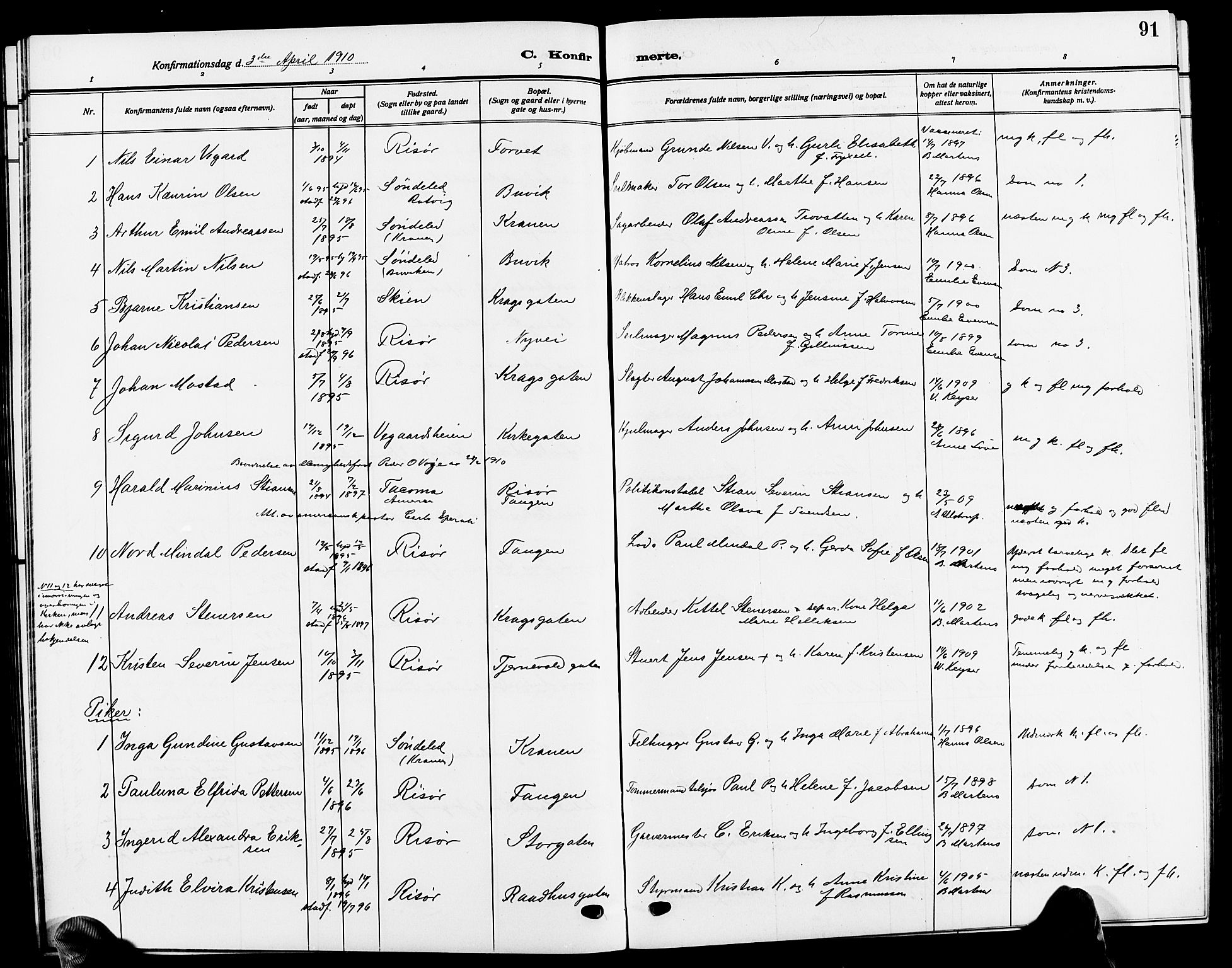Risør sokneprestkontor, SAK/1111-0035/F/Fb/L0008: Parish register (copy) no. B 8, 1909-1921, p. 91