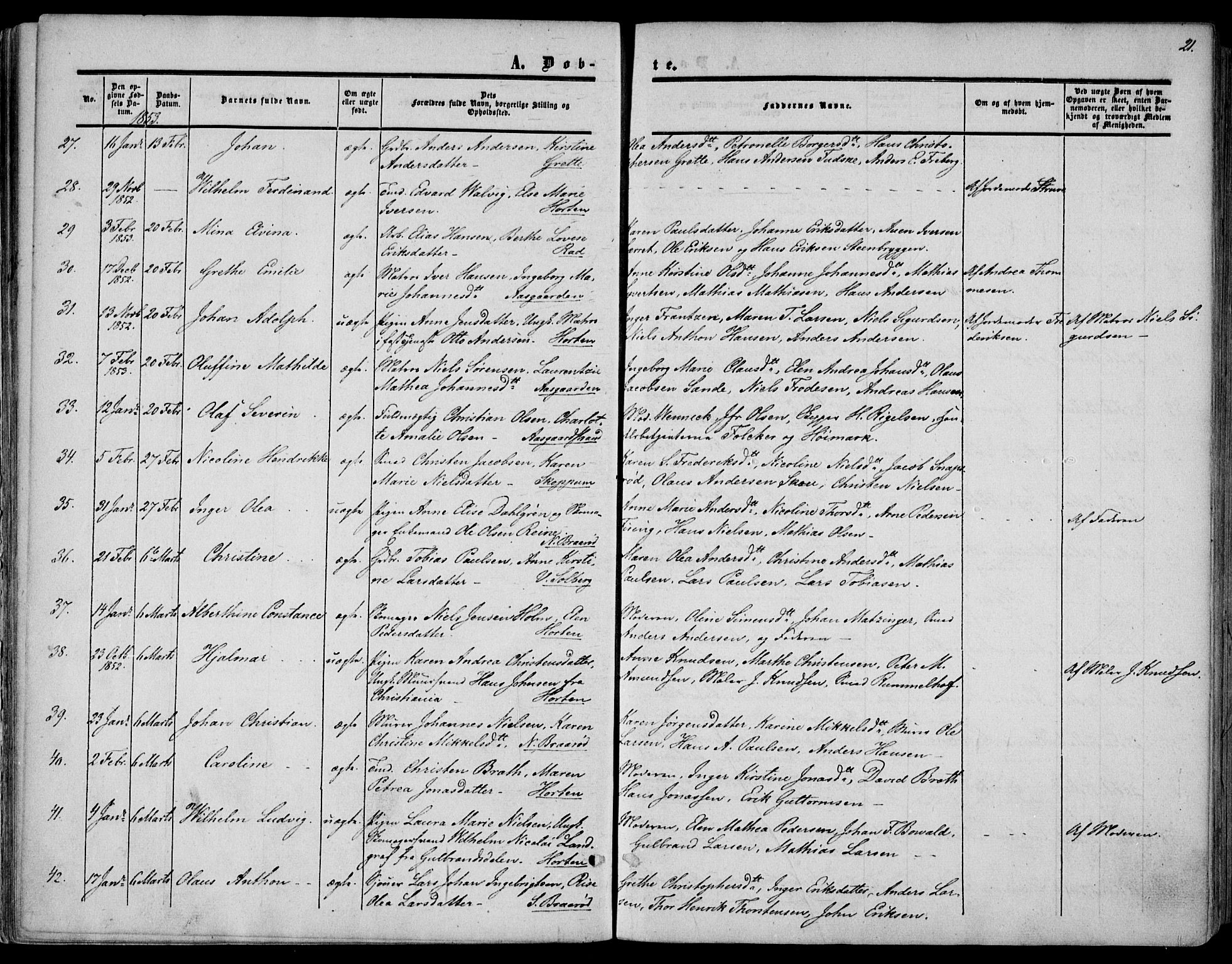 Borre kirkebøker, AV/SAKO-A-338/F/Fa/L0006: Parish register (official) no. I 6, 1852-1862, p. 21