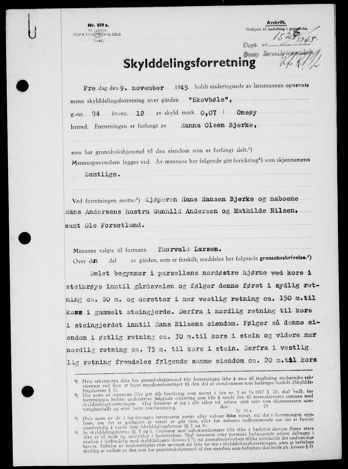 Onsøy sorenskriveri, SAO/A-10474/G/Ga/Gab/L0015: Mortgage book no. II A-15, 1945-1946, Diary no: : 1526/1945