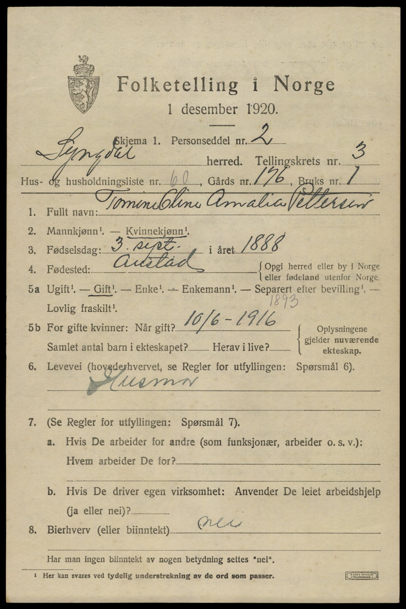 SAK, 1920 census for Lyngdal, 1920, p. 2389