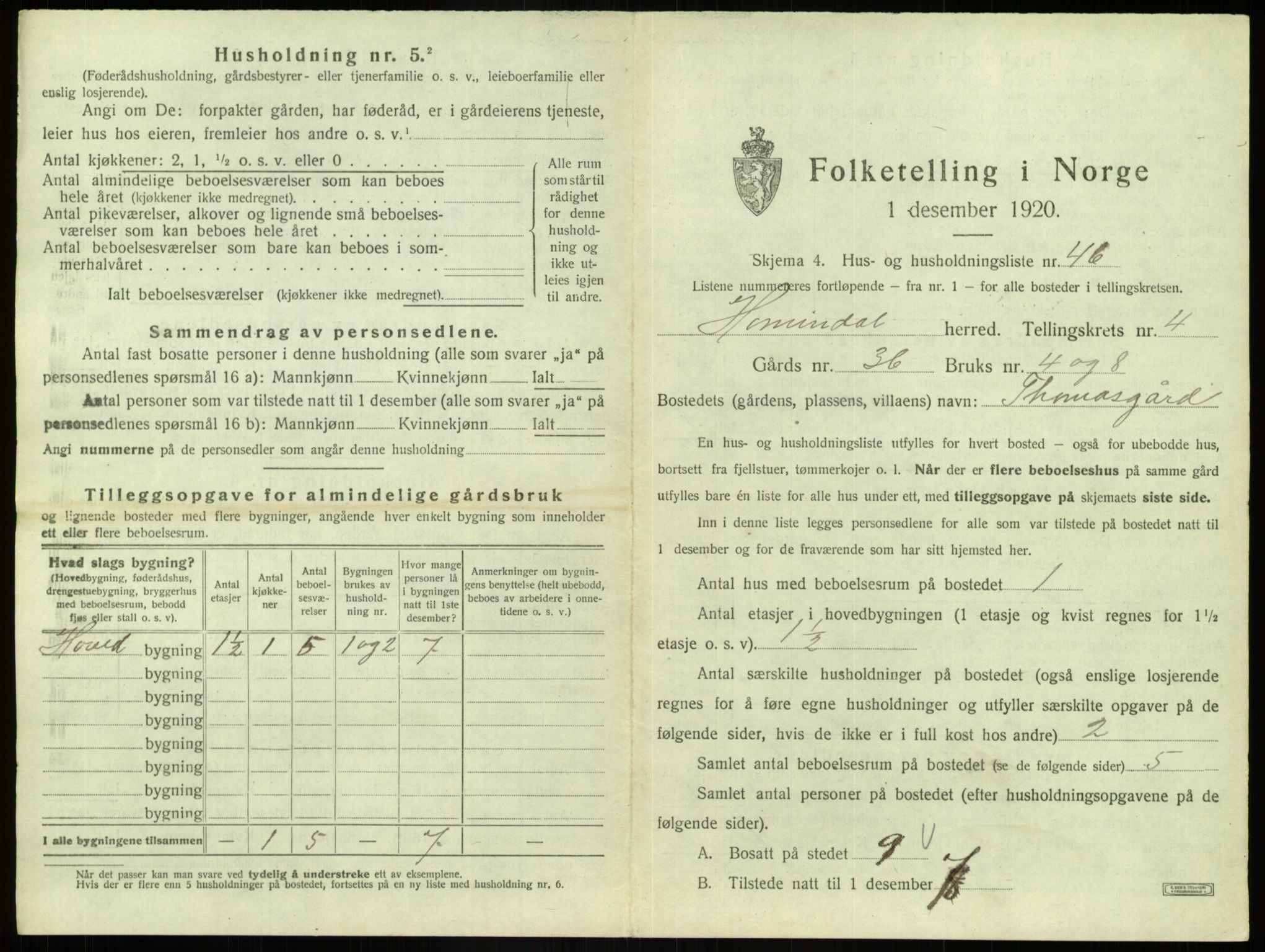 SAB, 1920 census for Hornindal, 1920, p. 302