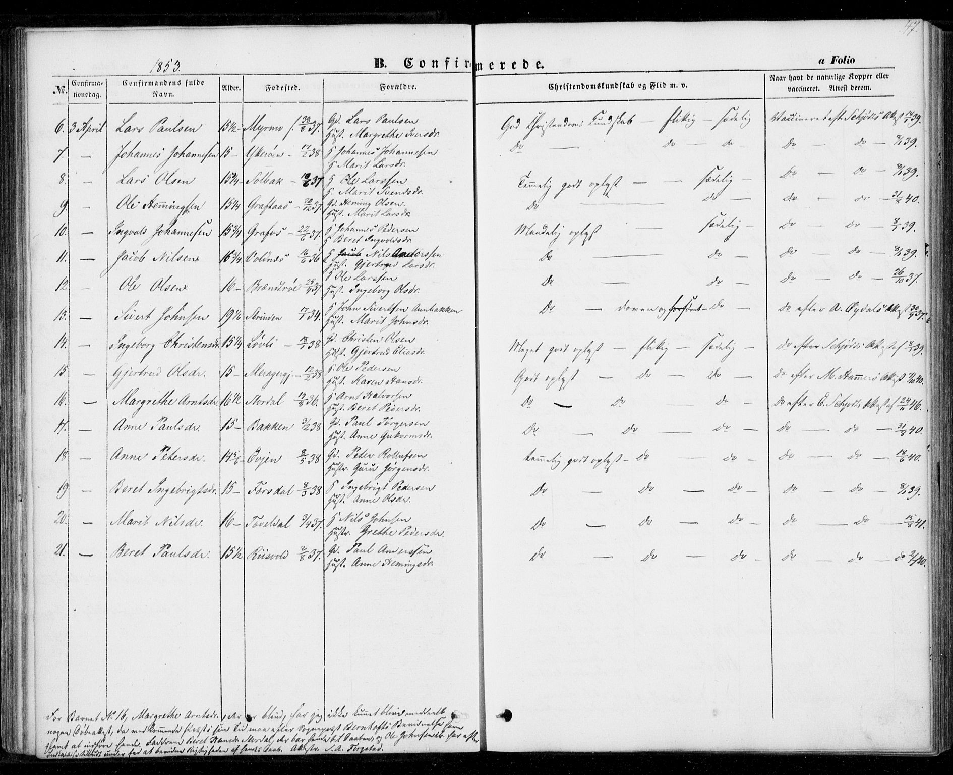 Ministerialprotokoller, klokkerbøker og fødselsregistre - Nord-Trøndelag, SAT/A-1458/706/L0040: Parish register (official) no. 706A01, 1850-1861, p. 47