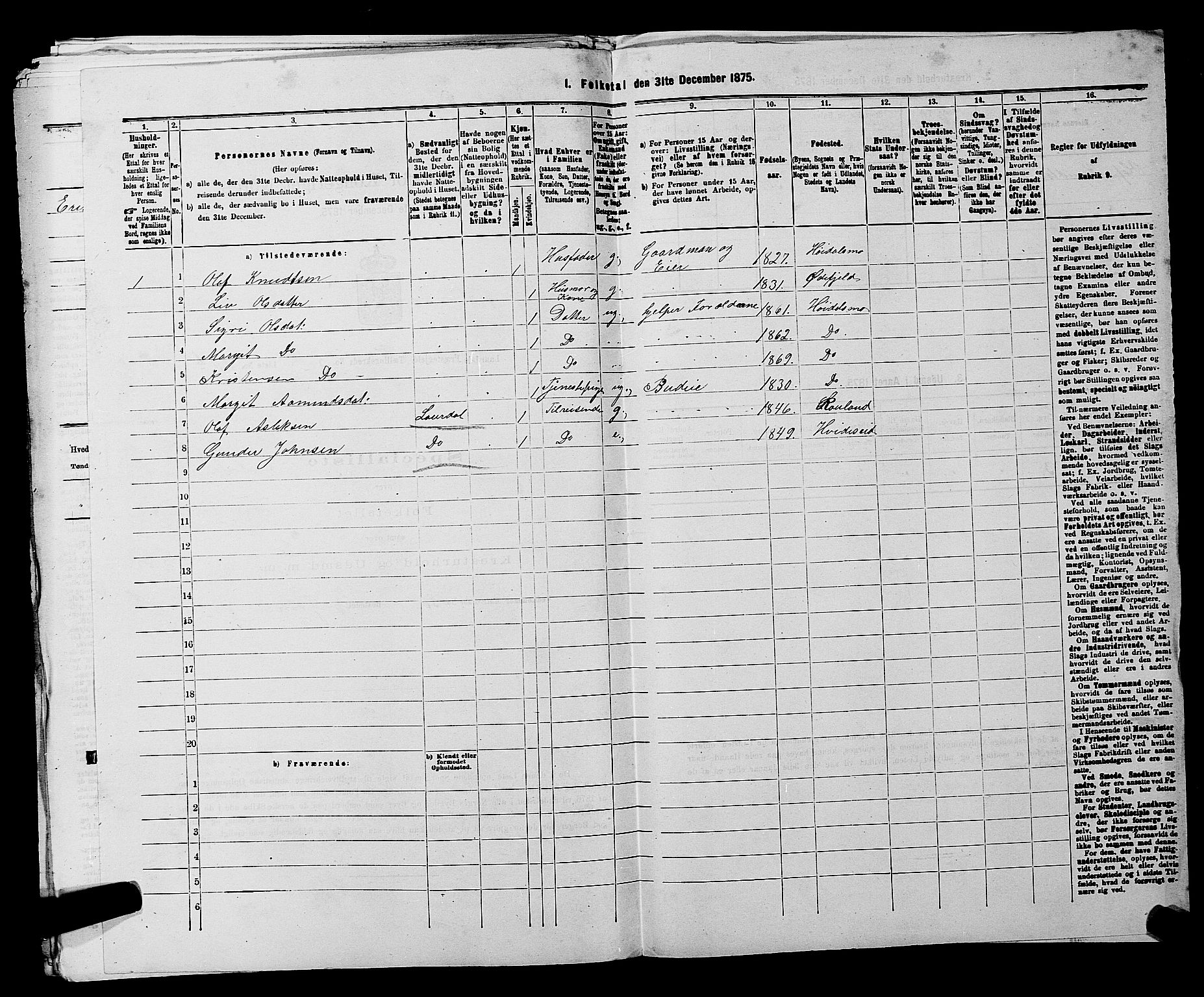 SAKO, 1875 census for 0833P Lårdal, 1875, p. 412