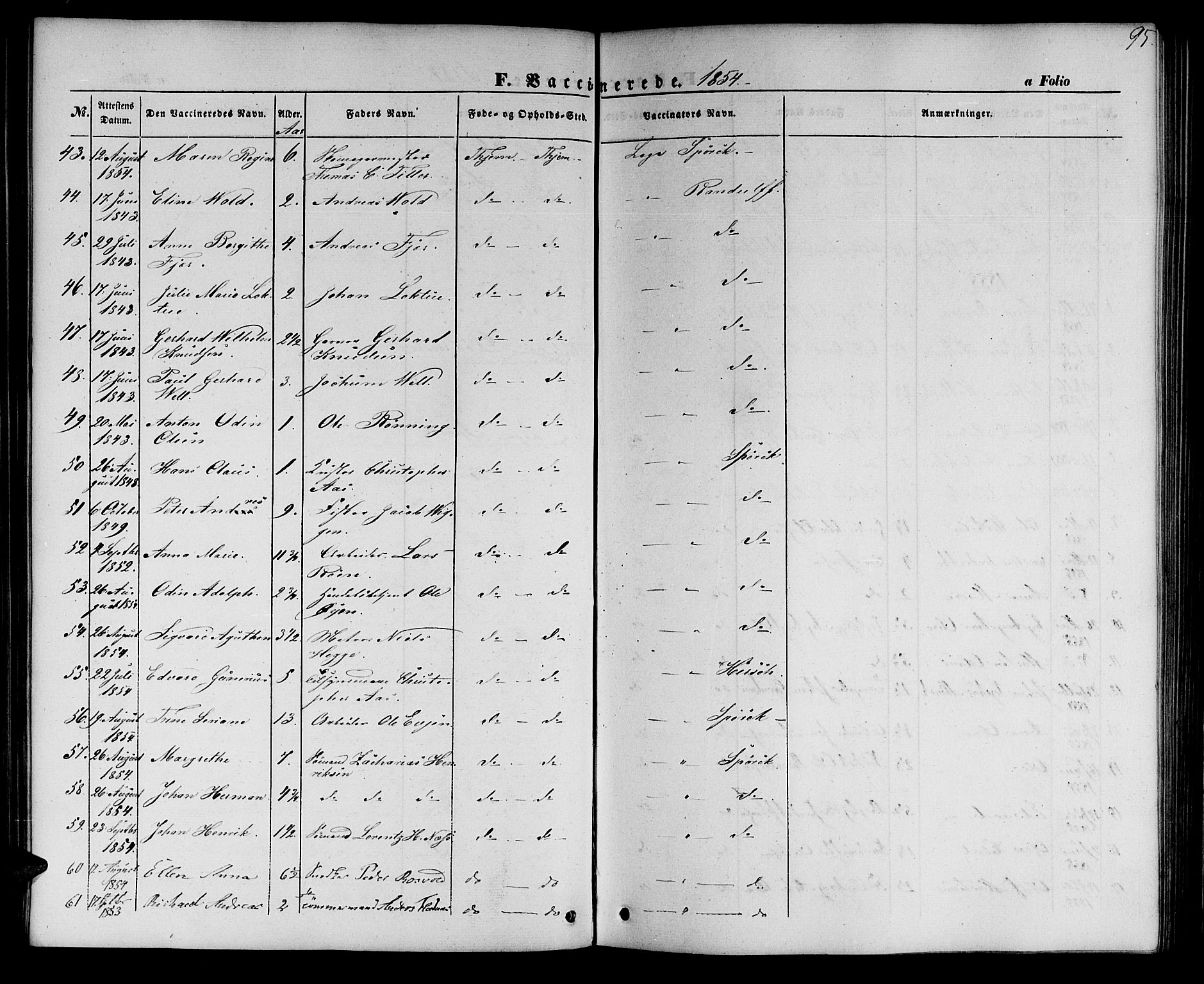 Ministerialprotokoller, klokkerbøker og fødselsregistre - Sør-Trøndelag, SAT/A-1456/602/L0113: Parish register (official) no. 602A11, 1849-1861, p. 95