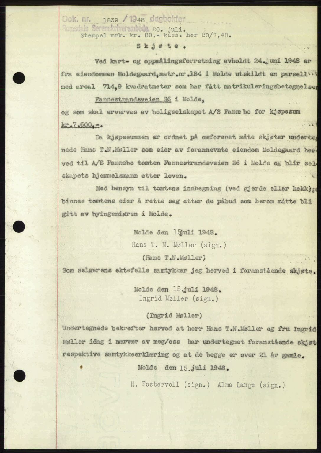 Romsdal sorenskriveri, AV/SAT-A-4149/1/2/2C: Mortgage book no. A26, 1948-1948, Diary no: : 1839/1948