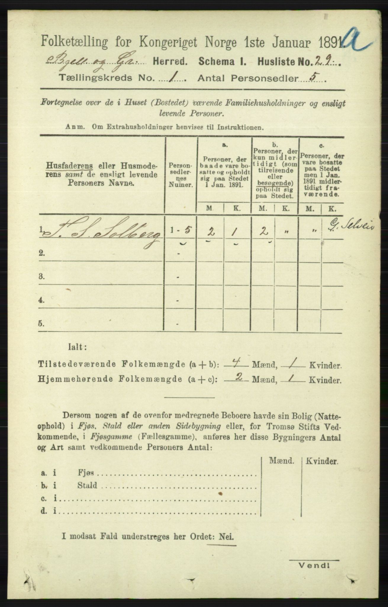 RA, 1891 census for 1024 Bjelland og Grindheim, 1891, p. 51