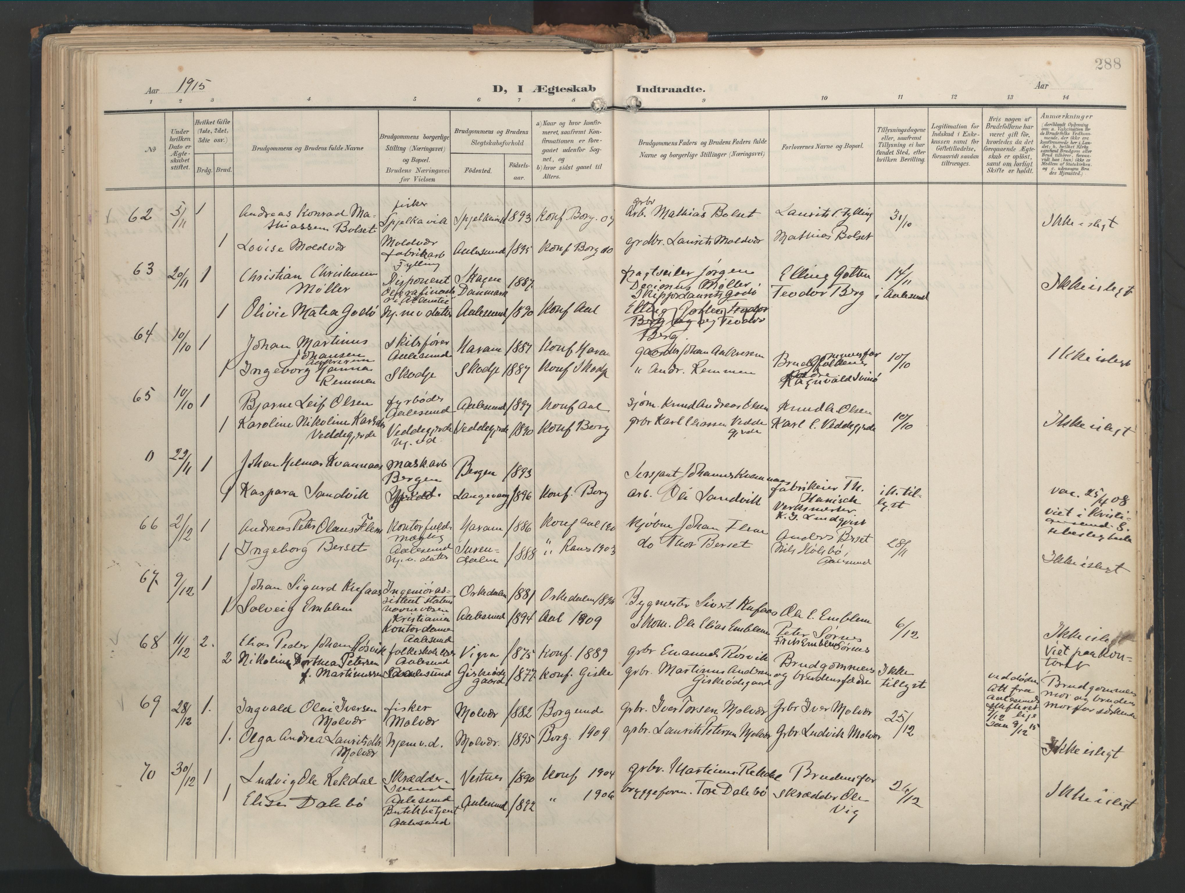 Ministerialprotokoller, klokkerbøker og fødselsregistre - Møre og Romsdal, AV/SAT-A-1454/528/L0411: Parish register (official) no. 528A20, 1907-1920, p. 288