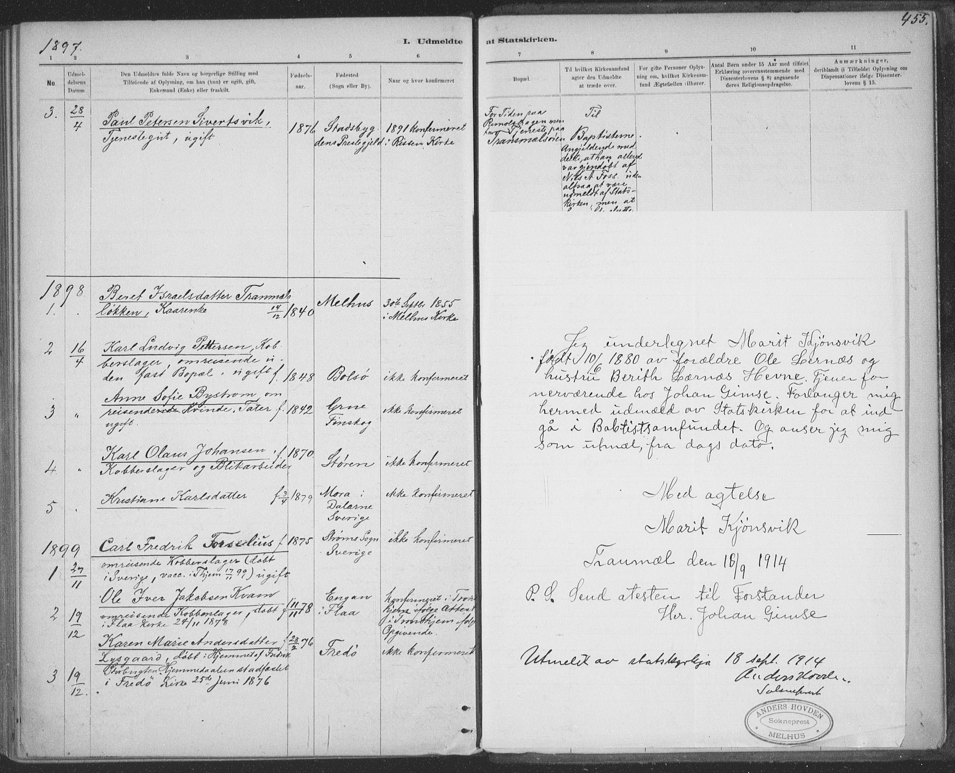 Ministerialprotokoller, klokkerbøker og fødselsregistre - Sør-Trøndelag, AV/SAT-A-1456/691/L1085: Parish register (official) no. 691A17, 1887-1908, p. 455