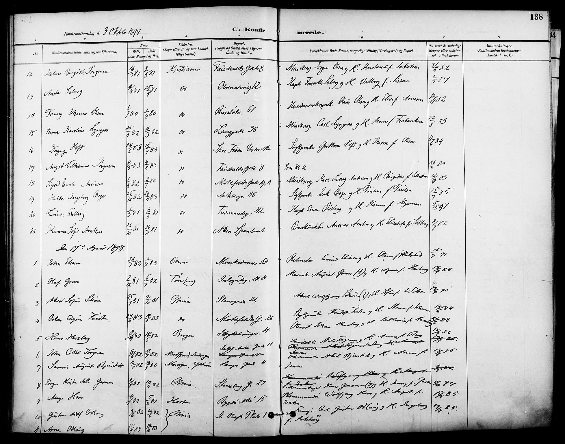 Garnisonsmenigheten Kirkebøker, SAO/A-10846/F/Fa/L0013: Parish register (official) no. 13, 1894-1904, p. 138
