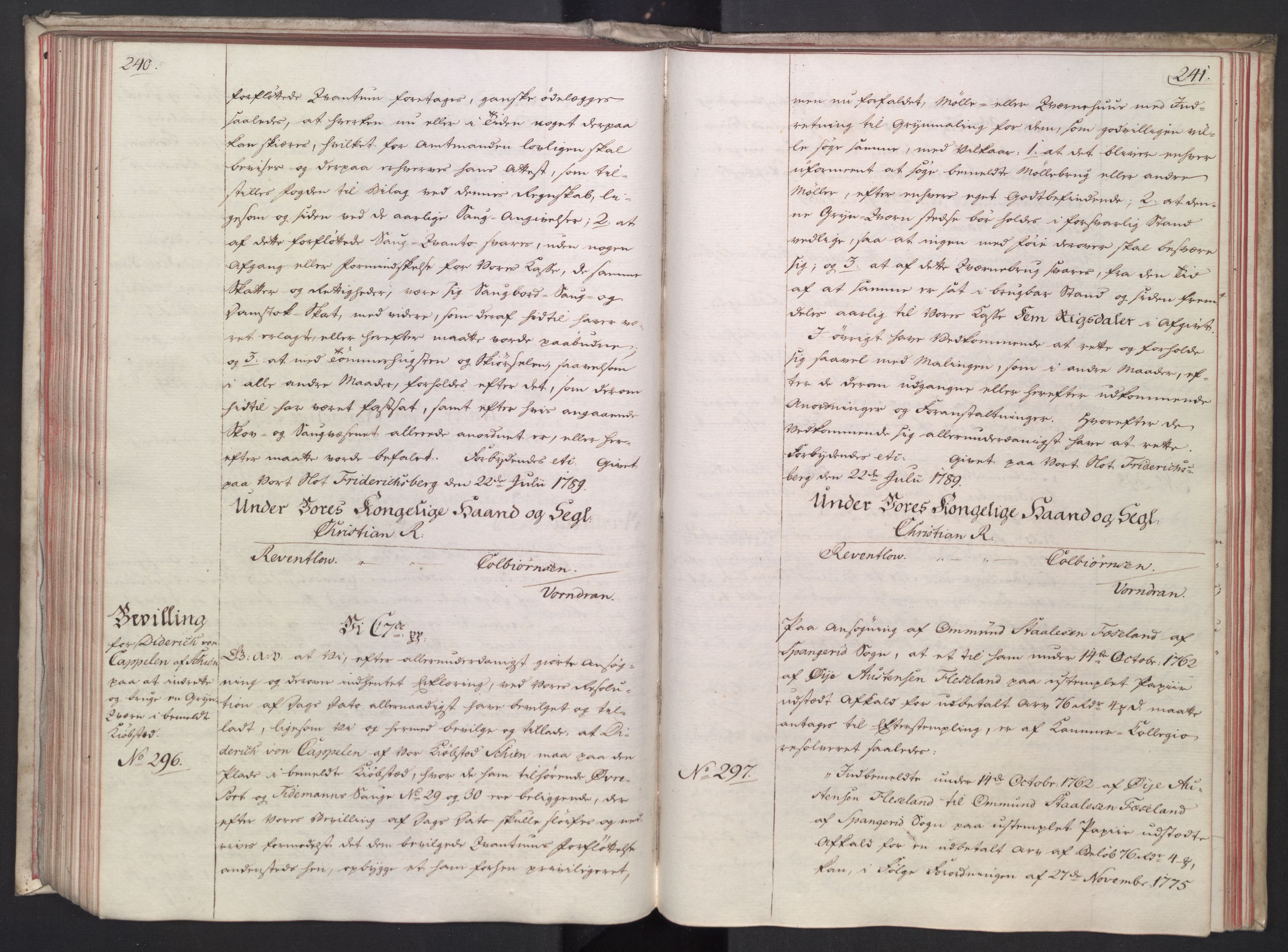 Rentekammeret, Kammerkanselliet, RA/EA-3111/G/Gg/Gga/L0014: Norsk ekspedisjonsprotokoll med register (merket RK 53.14), 1787-1790, p. 240-241