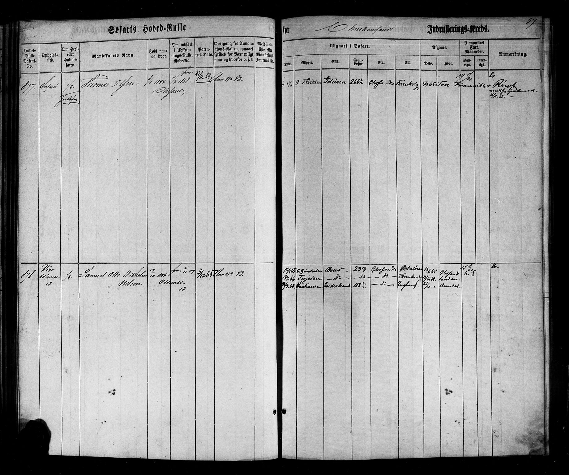 Kristiansand mønstringskrets, AV/SAK-2031-0015/F/Fb/L0026: Hovedrulle nr 767-1137, dublett, J-5, 1860-1870, p. 58