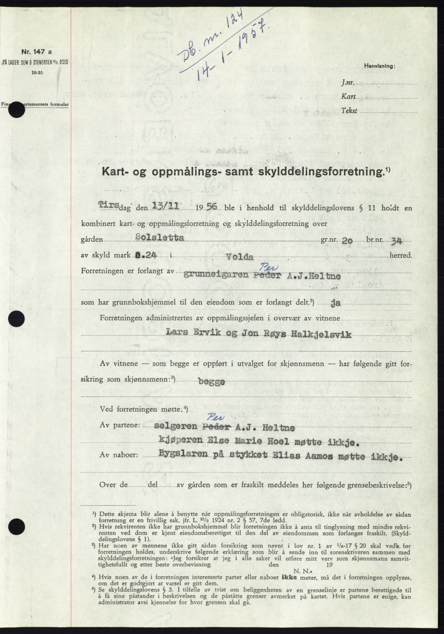 Søre Sunnmøre sorenskriveri, AV/SAT-A-4122/1/2/2C/L0105: Mortgage book no. 31A, 1956-1957, Diary no: : 124/1957