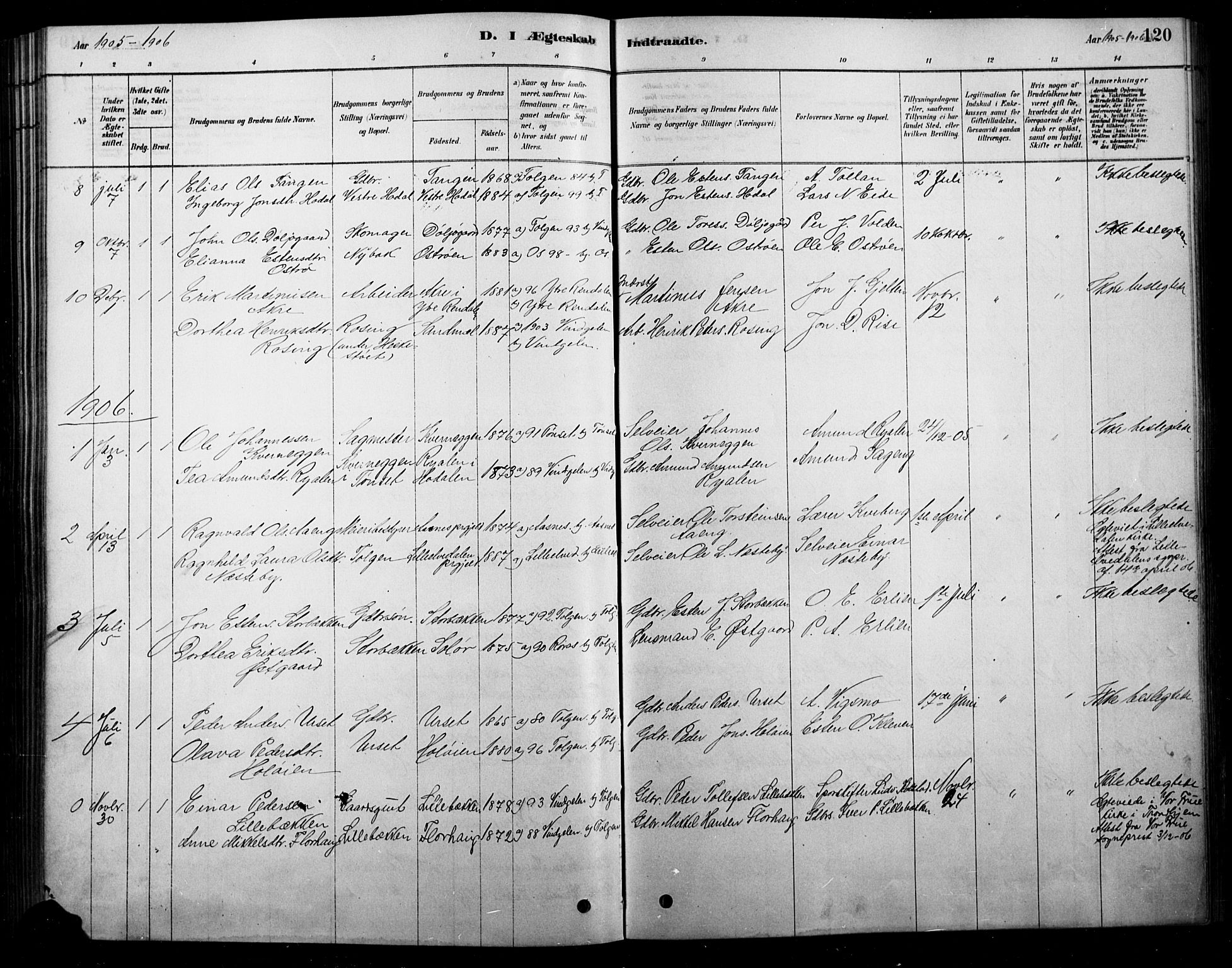 Tolga prestekontor, AV/SAH-PREST-062/L/L0007: Parish register (copy) no. 7, 1878-1919, p. 120