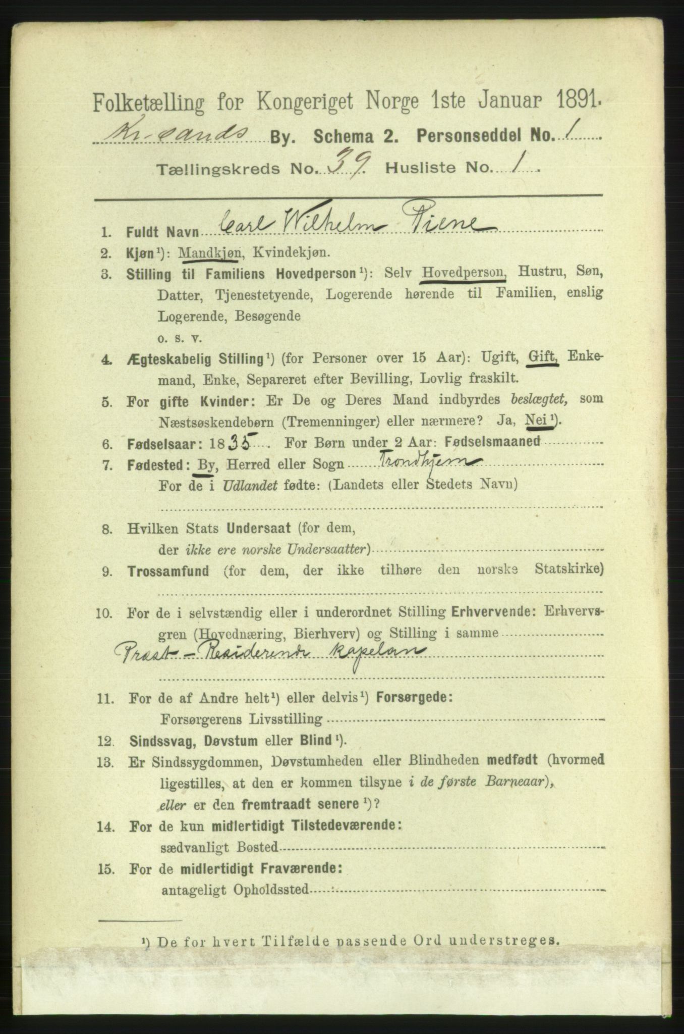 RA, 1891 census for 1001 Kristiansand, 1891, p. 12296