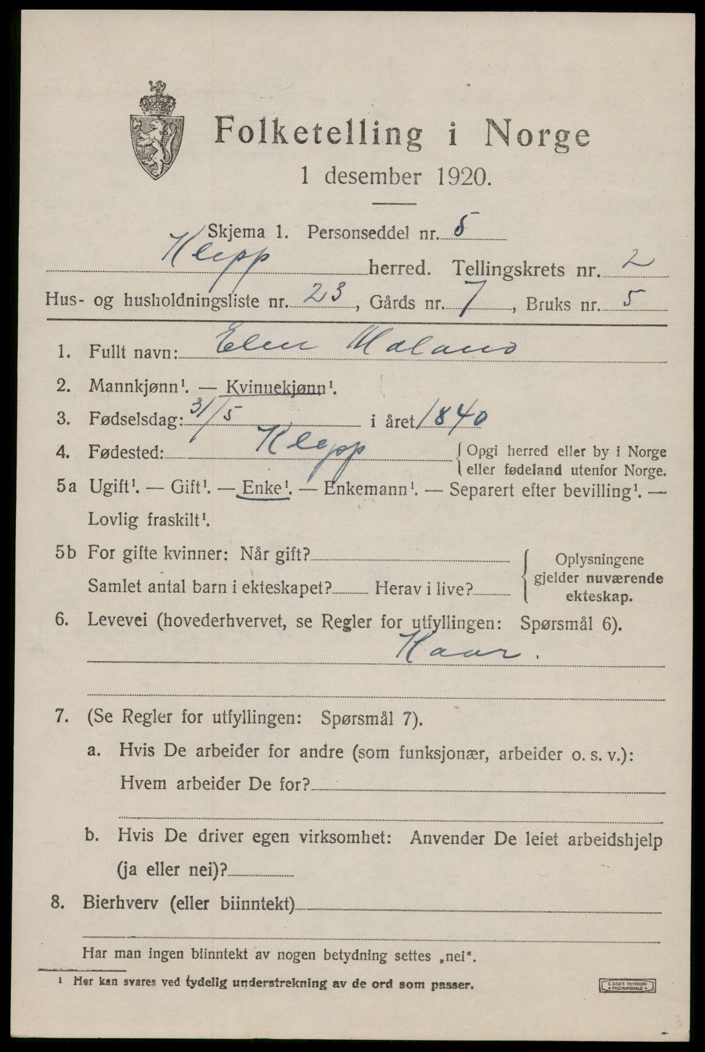 SAST, 1920 census for Klepp, 1920, p. 2882