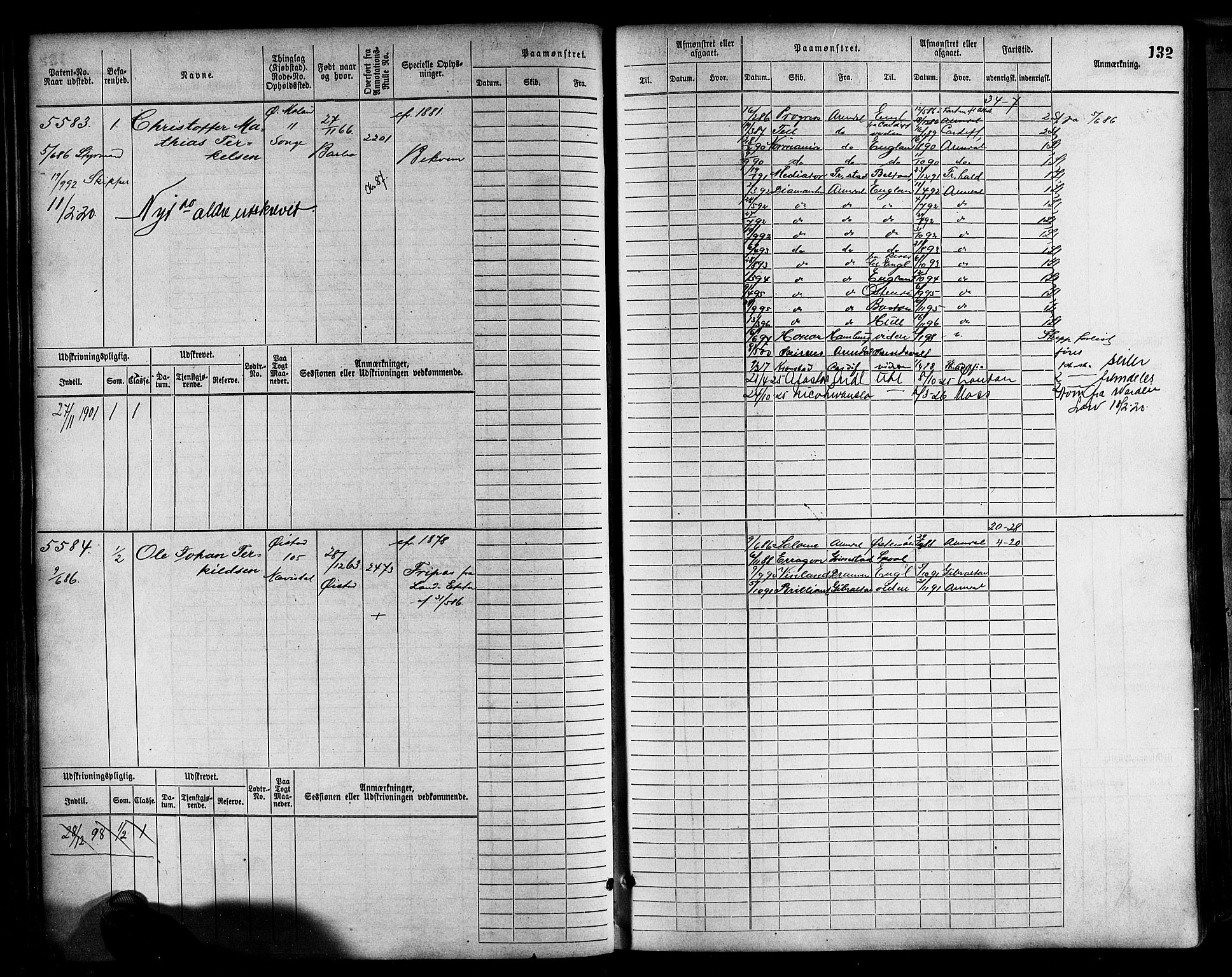 Arendal mønstringskrets, AV/SAK-2031-0012/F/Fb/L0017: Hovedrulle A nr 5323-6076, S-15, 1884-1892, p. 132