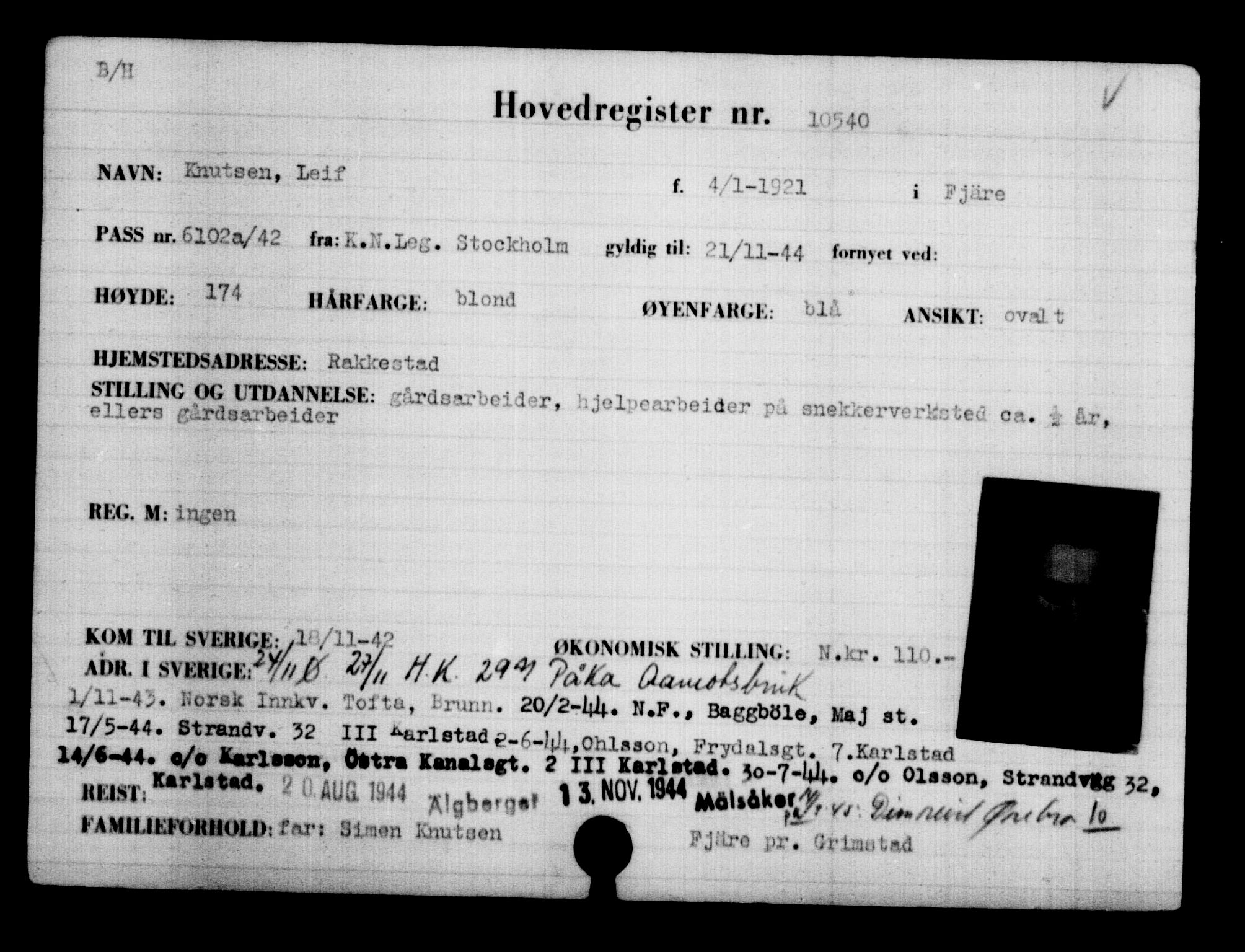 Utenriksstasjonene, Legasjonen i Stockholm, Flyktningkontoret, AV/RA-S-6753/V/Va/L0006: Kjesäterkartoteket, flyktninger med registreringsnr. 9400-12711, 1940-1945, p. 1314