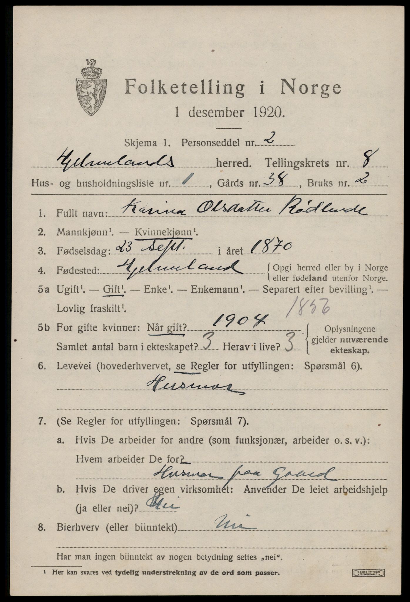 SAST, 1920 census for Hjelmeland, 1920, p. 2451