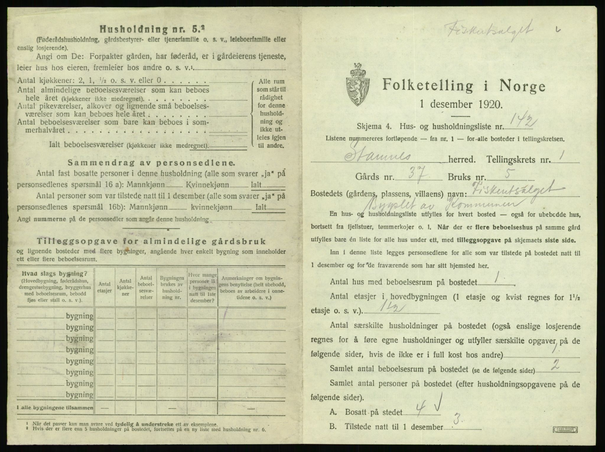 SAT, 1920 census for Stamnes, 1920, p. 304