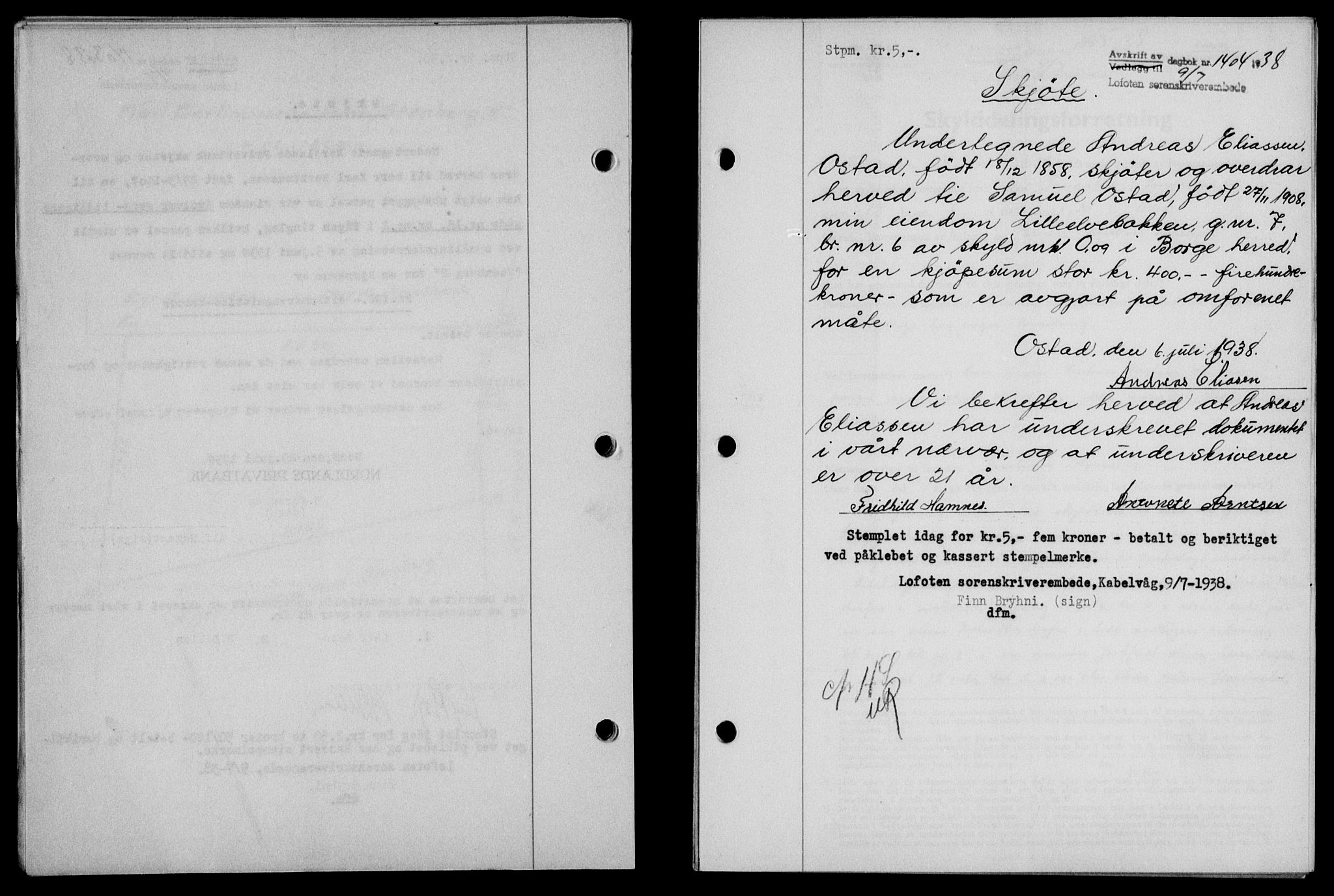 Lofoten sorenskriveri, SAT/A-0017/1/2/2C/L0004a: Mortgage book no. 4a, 1938-1938, Diary no: : 1404/1938