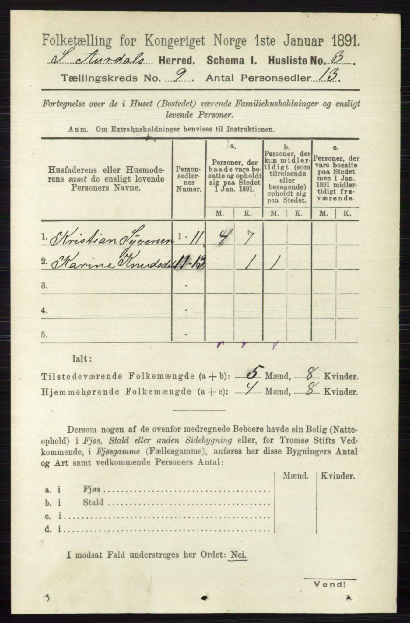 RA, 1891 census for 0540 Sør-Aurdal, 1891, p. 5497