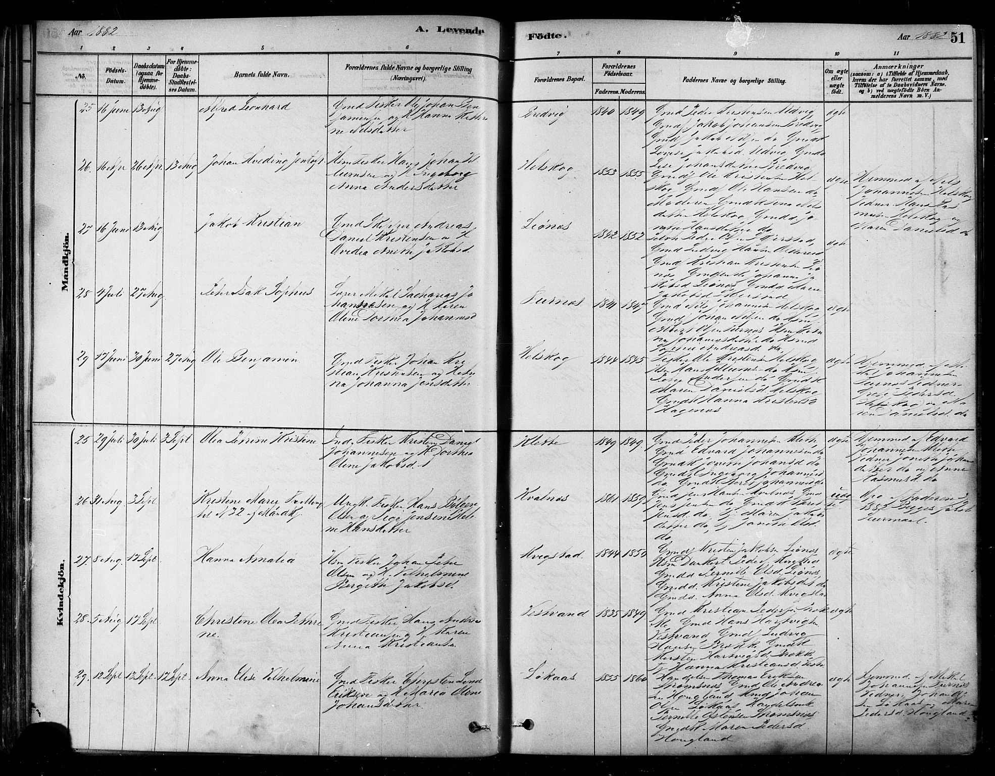 Ministerialprotokoller, klokkerbøker og fødselsregistre - Nordland, AV/SAT-A-1459/852/L0740: Parish register (official) no. 852A10, 1878-1894, p. 51