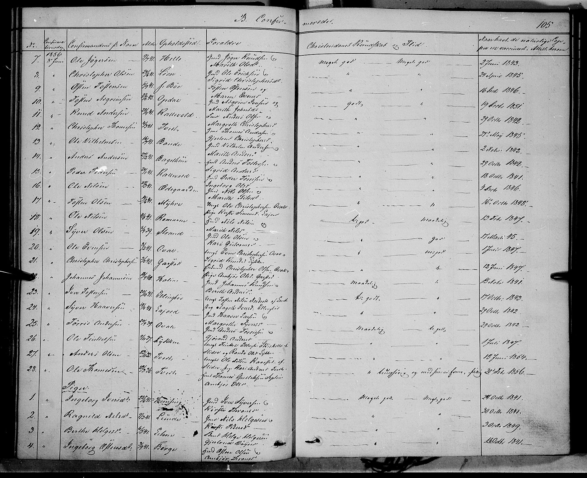 Vang prestekontor, Valdres, SAH/PREST-140/H/Ha/L0006: Parish register (official) no. 6, 1846-1864, p. 105