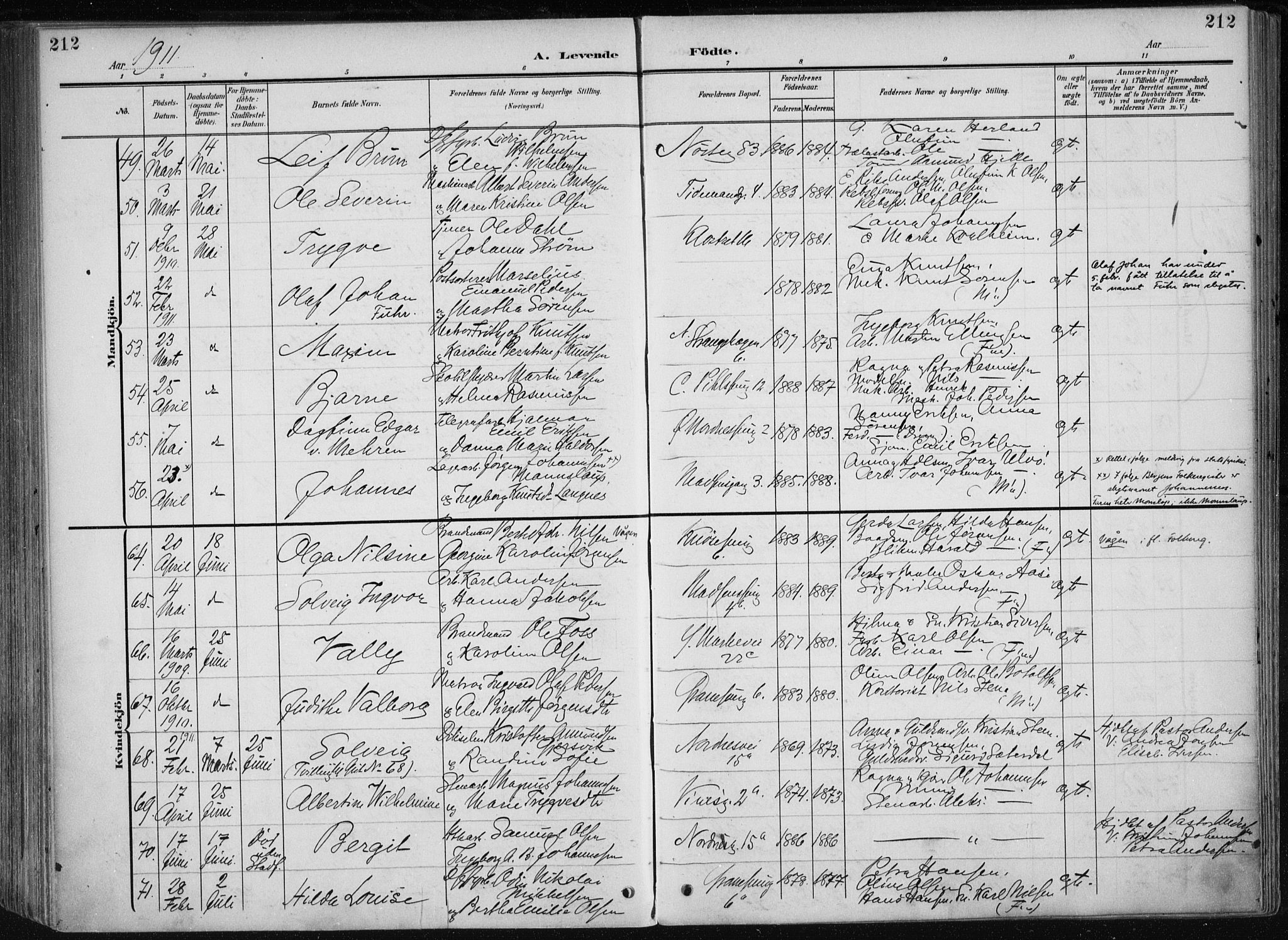 Nykirken Sokneprestembete, AV/SAB-A-77101/H/Haa/L0019: Parish register (official) no. B 7, 1904-1916, p. 212