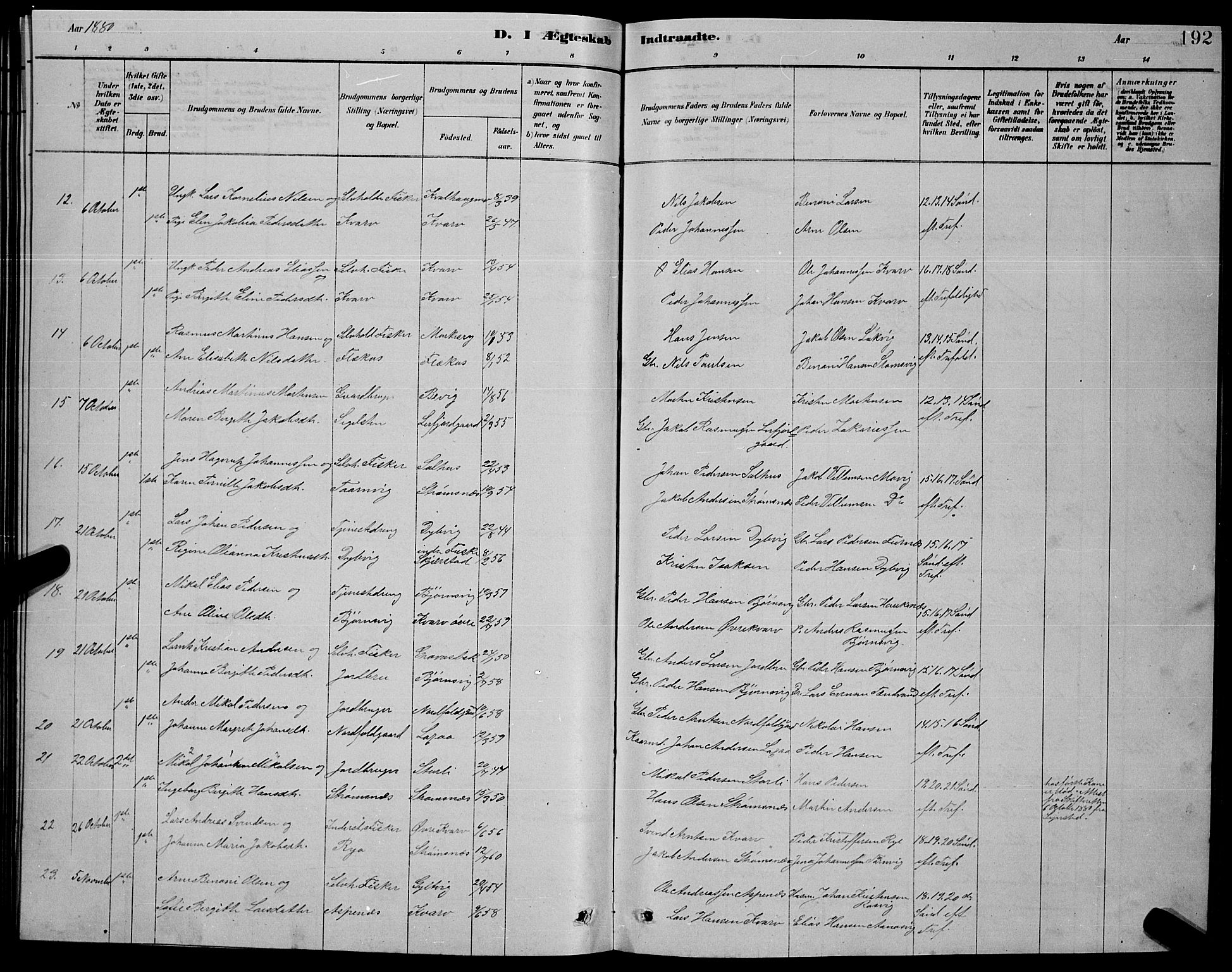 Ministerialprotokoller, klokkerbøker og fødselsregistre - Nordland, SAT/A-1459/853/L0776: Parish register (copy) no. 853C04, 1878-1889, p. 192