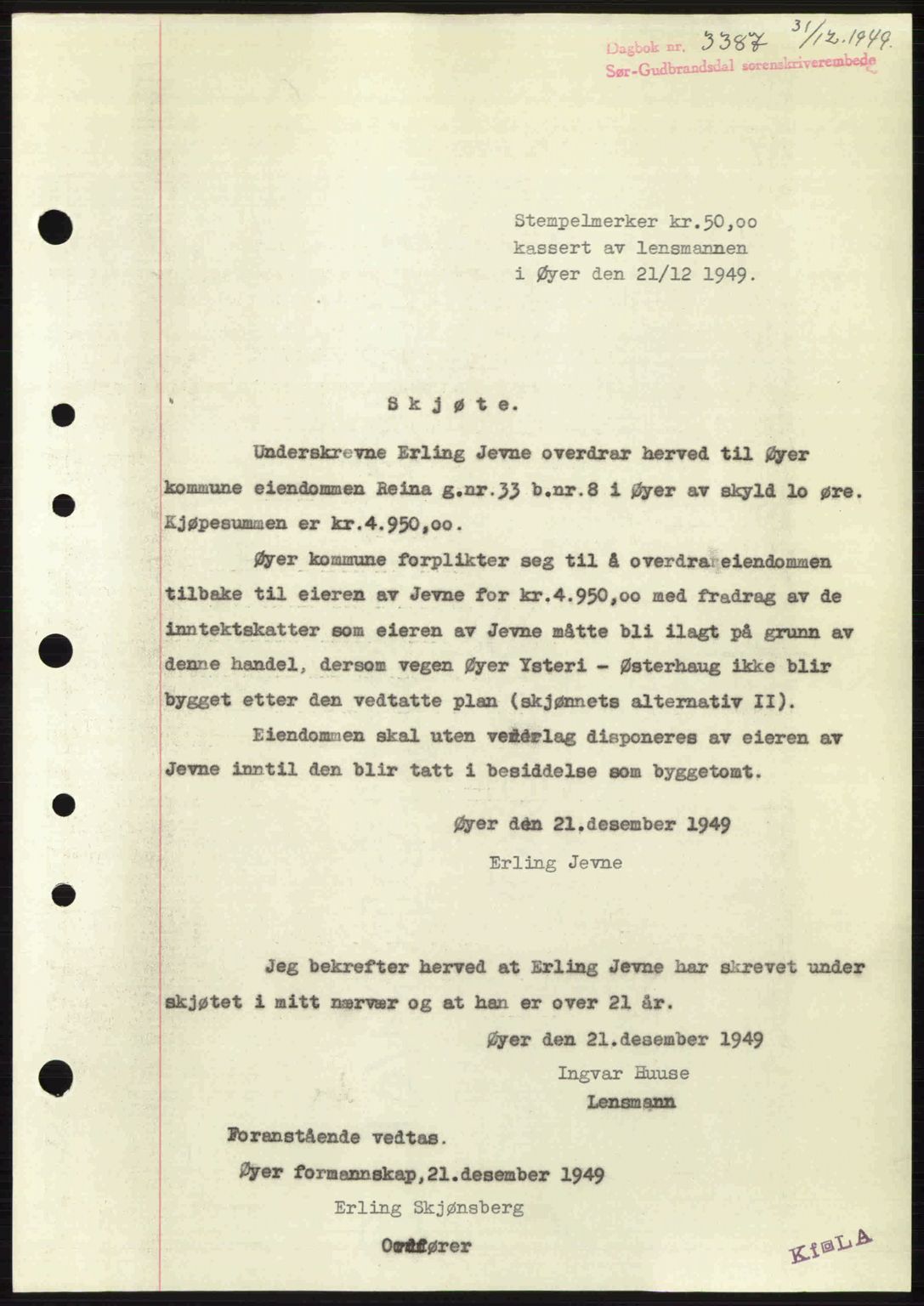 Sør-Gudbrandsdal tingrett, AV/SAH-TING-004/H/Hb/Hbd/L0027: Mortgage book no. A27, 1949-1950, Diary no: : 3387/1949