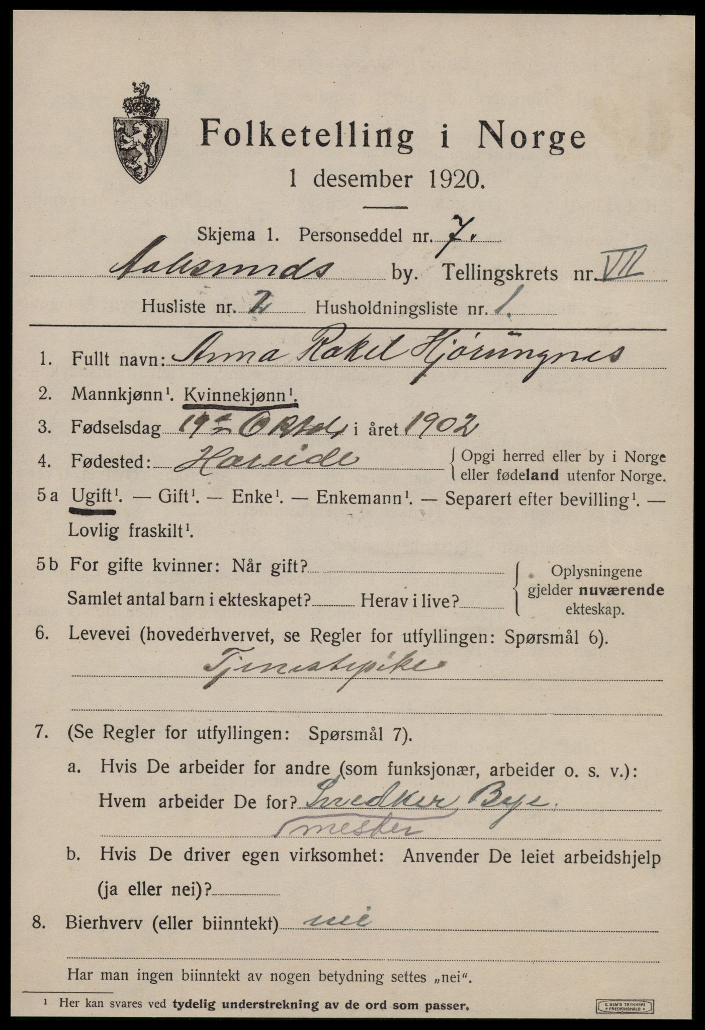 SAT, 1920 census for Ålesund, 1920, p. 19060