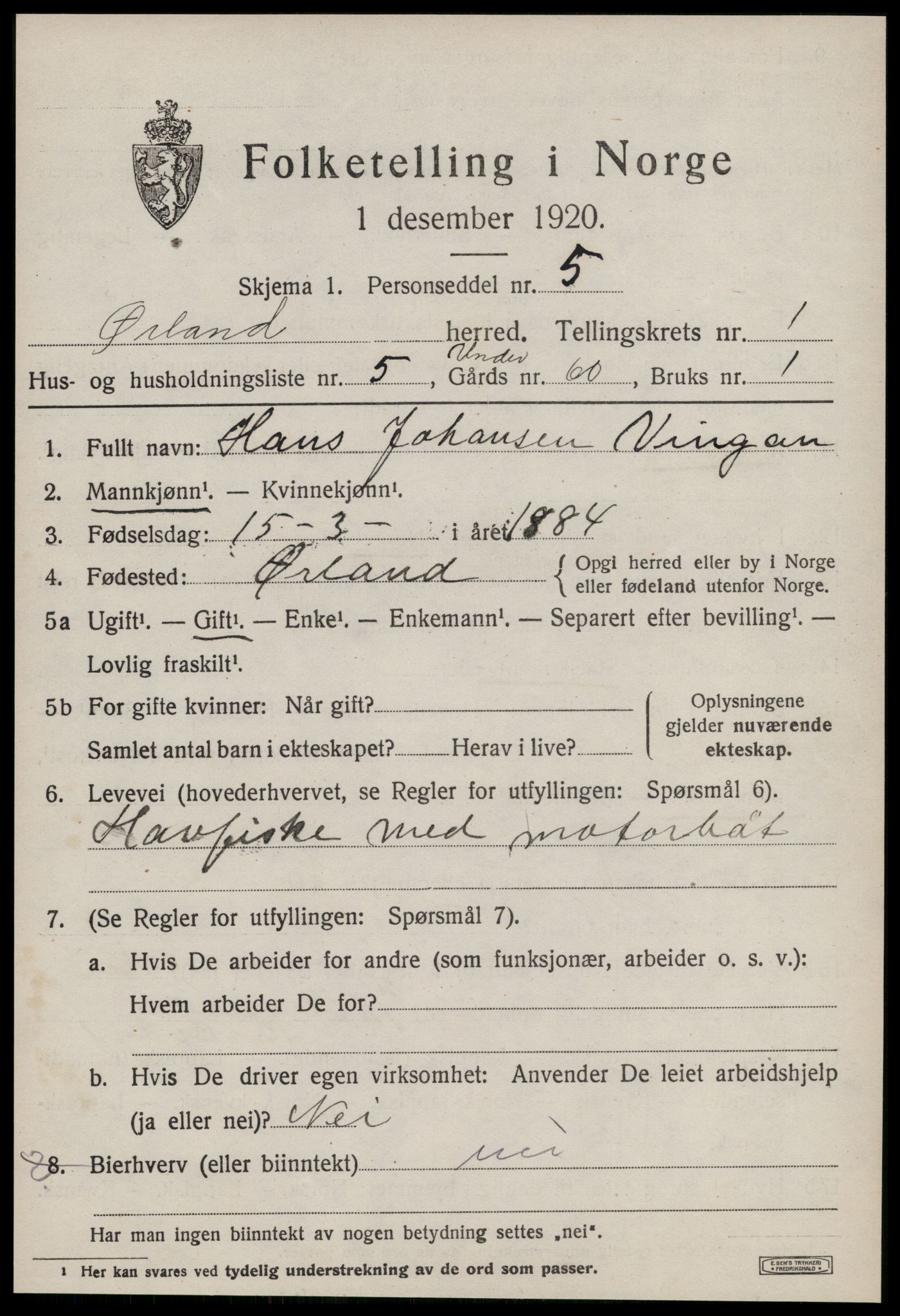 SAT, 1920 census for Ørland, 1920, p. 1411