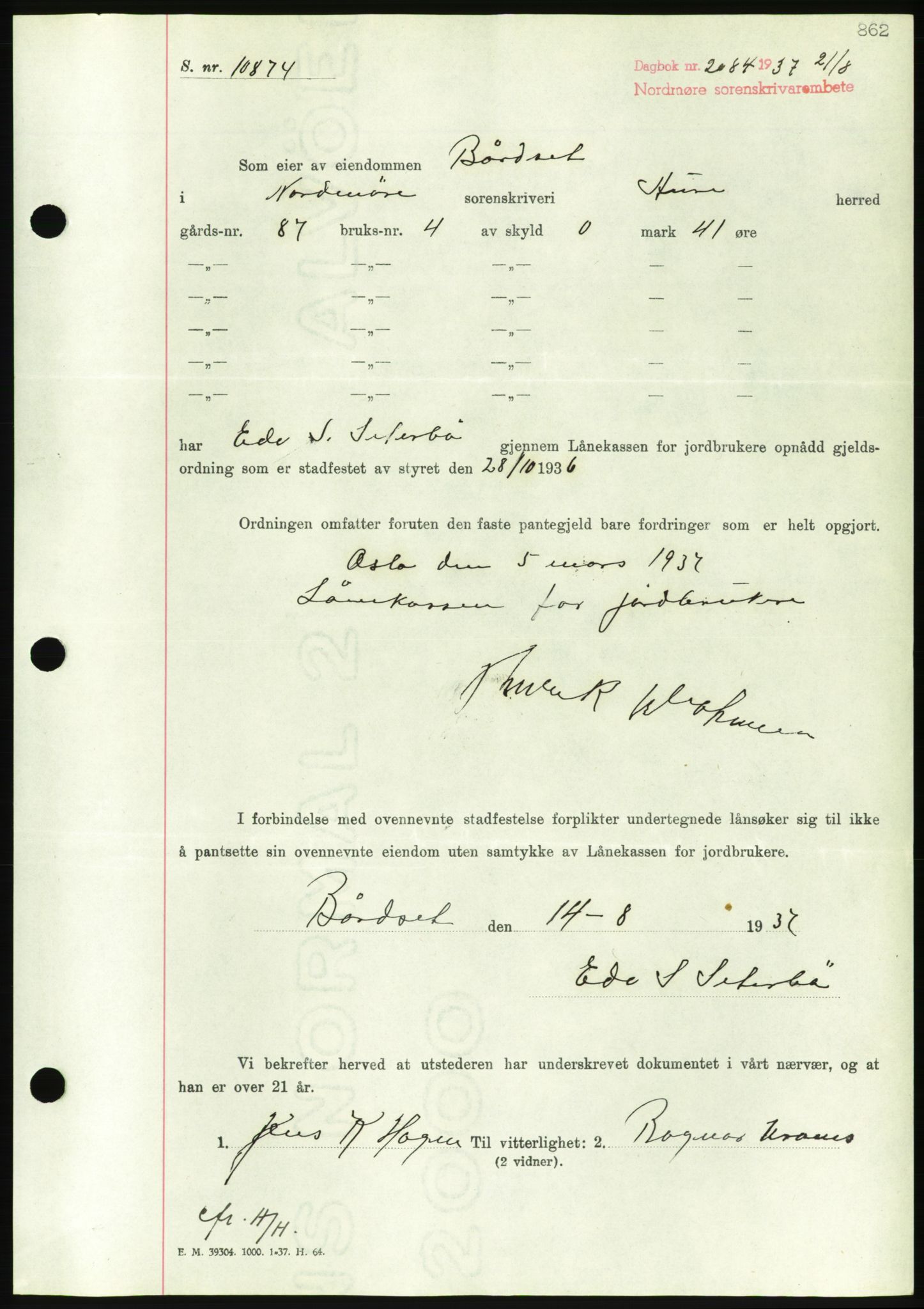 Nordmøre sorenskriveri, AV/SAT-A-4132/1/2/2Ca/L0091: Mortgage book no. B81, 1937-1937, Diary no: : 2084/1937