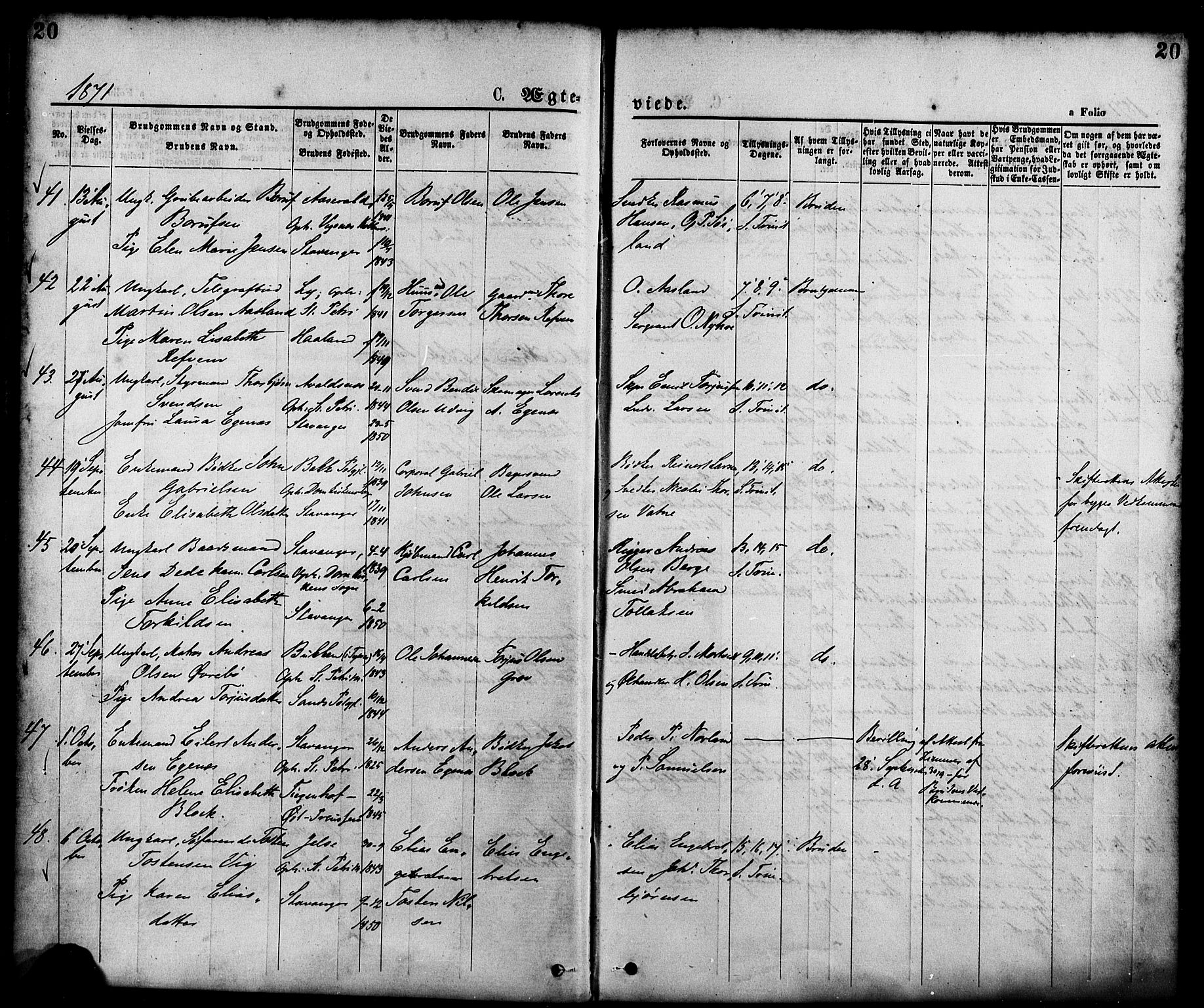 St. Petri sokneprestkontor, AV/SAST-A-101813/001/30/30BA/L0010: Parish register (official) no. A 10, 1869-1878, p. 20