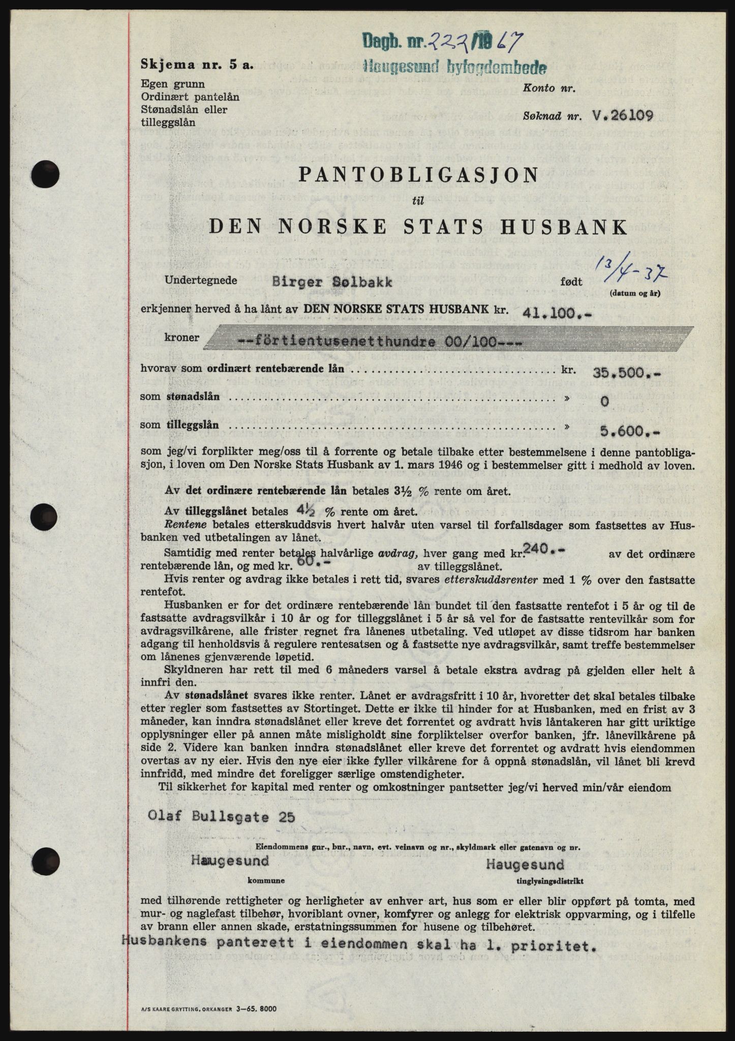 Haugesund tingrett, SAST/A-101415/01/II/IIC/L0056: Mortgage book no. B 56, 1966-1967, Diary no: : 222/1967