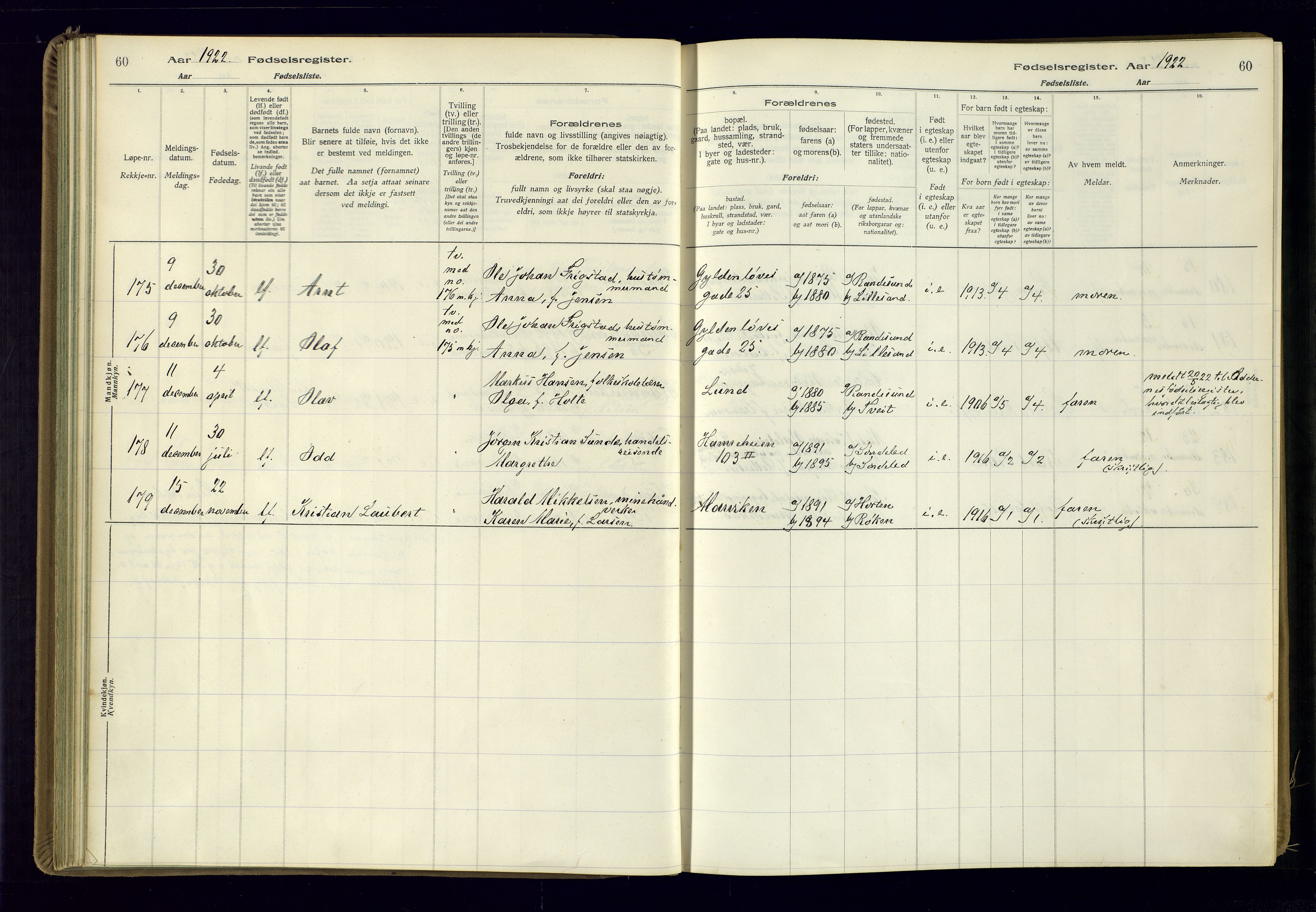 Kristiansand domprosti, AV/SAK-1112-0006/J/Jc/L0002: Birth register no. A-VI-46, 1921-1926, p. 60