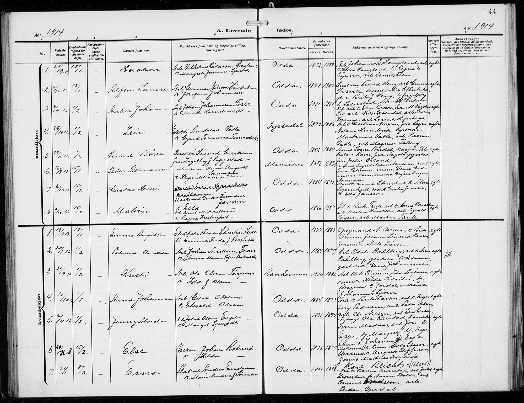 Odda Sokneprestembete, SAB/A-77201/H/Hab: Parish register (copy) no. B  2, 1910-1923, p. 44
