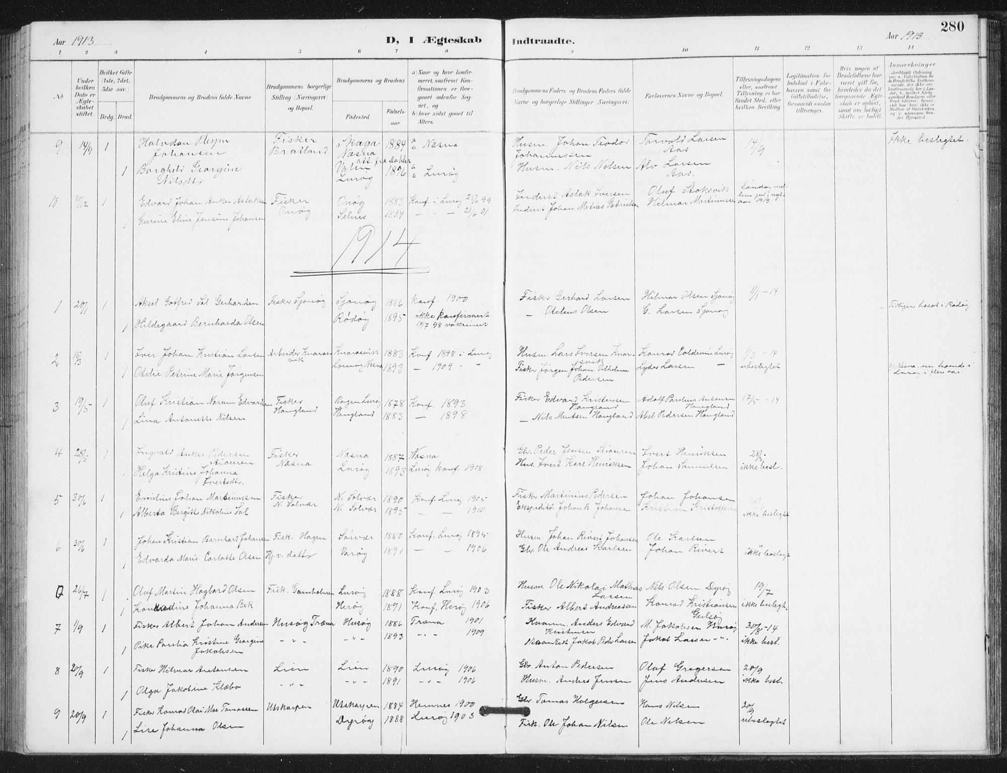 Ministerialprotokoller, klokkerbøker og fødselsregistre - Nordland, SAT/A-1459/839/L0573: Parish register (copy) no. 839C03, 1892-1917, p. 280