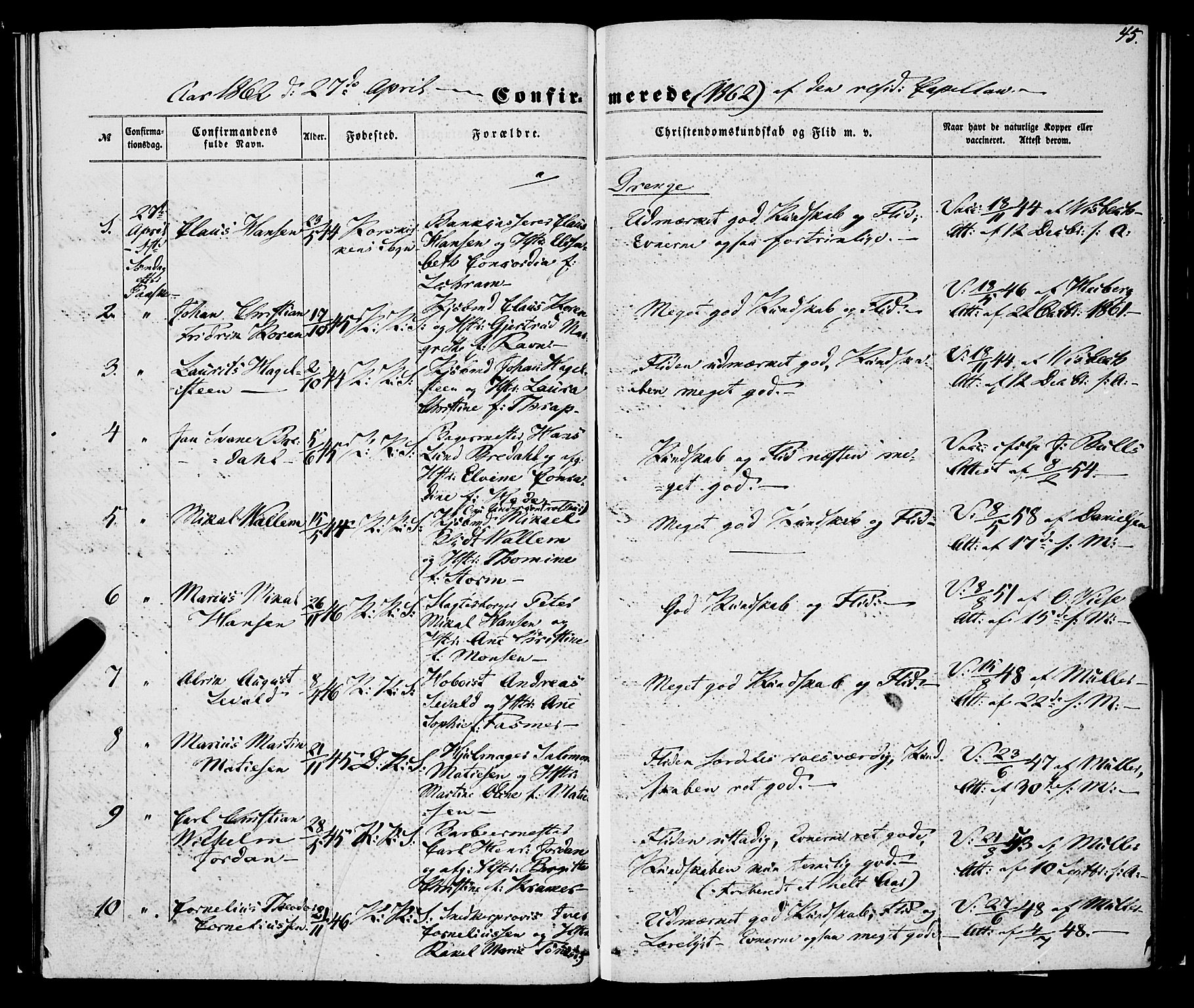 Korskirken sokneprestembete, SAB/A-76101/H/Haa/L0069: Curate's parish register no. A 4, 1856-1869, p. 45