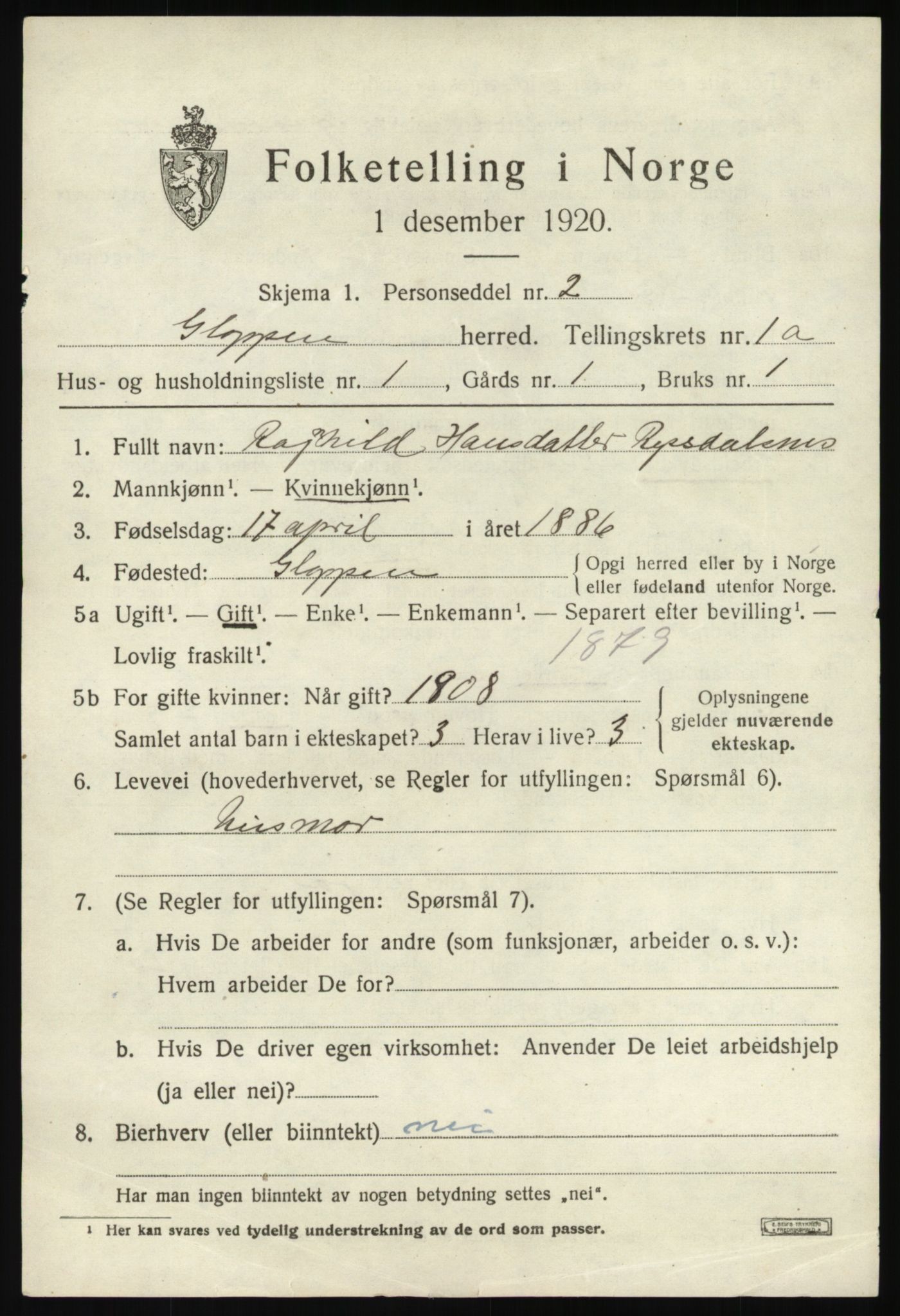 SAB, 1920 census for Gloppen, 1920, p. 1108
