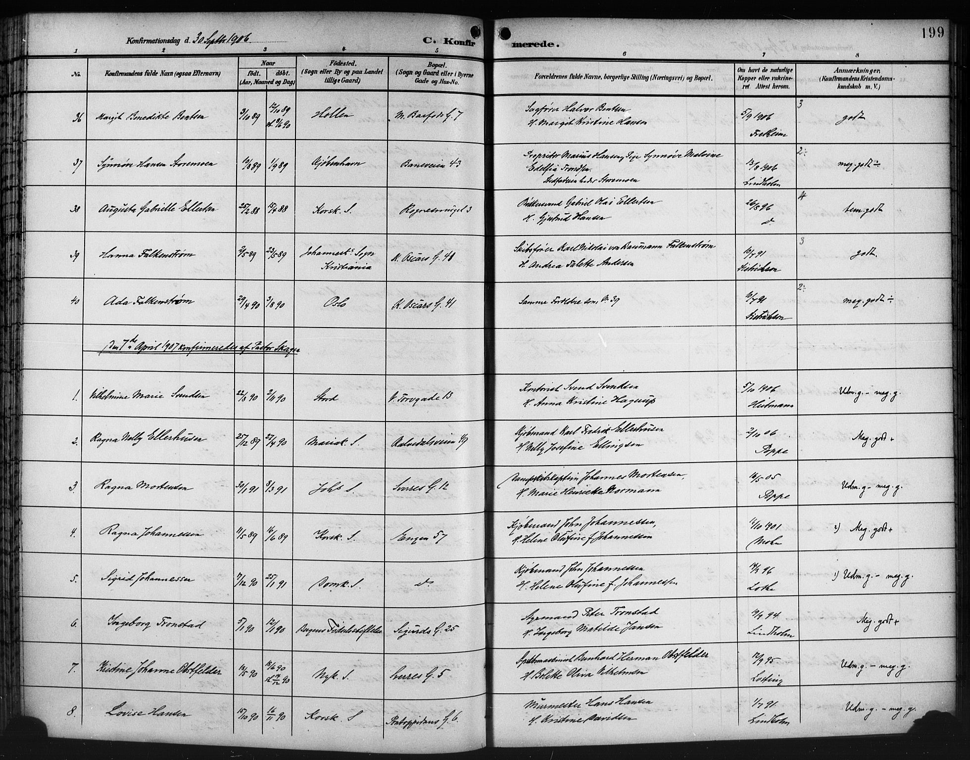 Domkirken sokneprestembete, SAB/A-74801/H/Hab/L0025: Parish register (copy) no. C 5, 1899-1916, p. 199