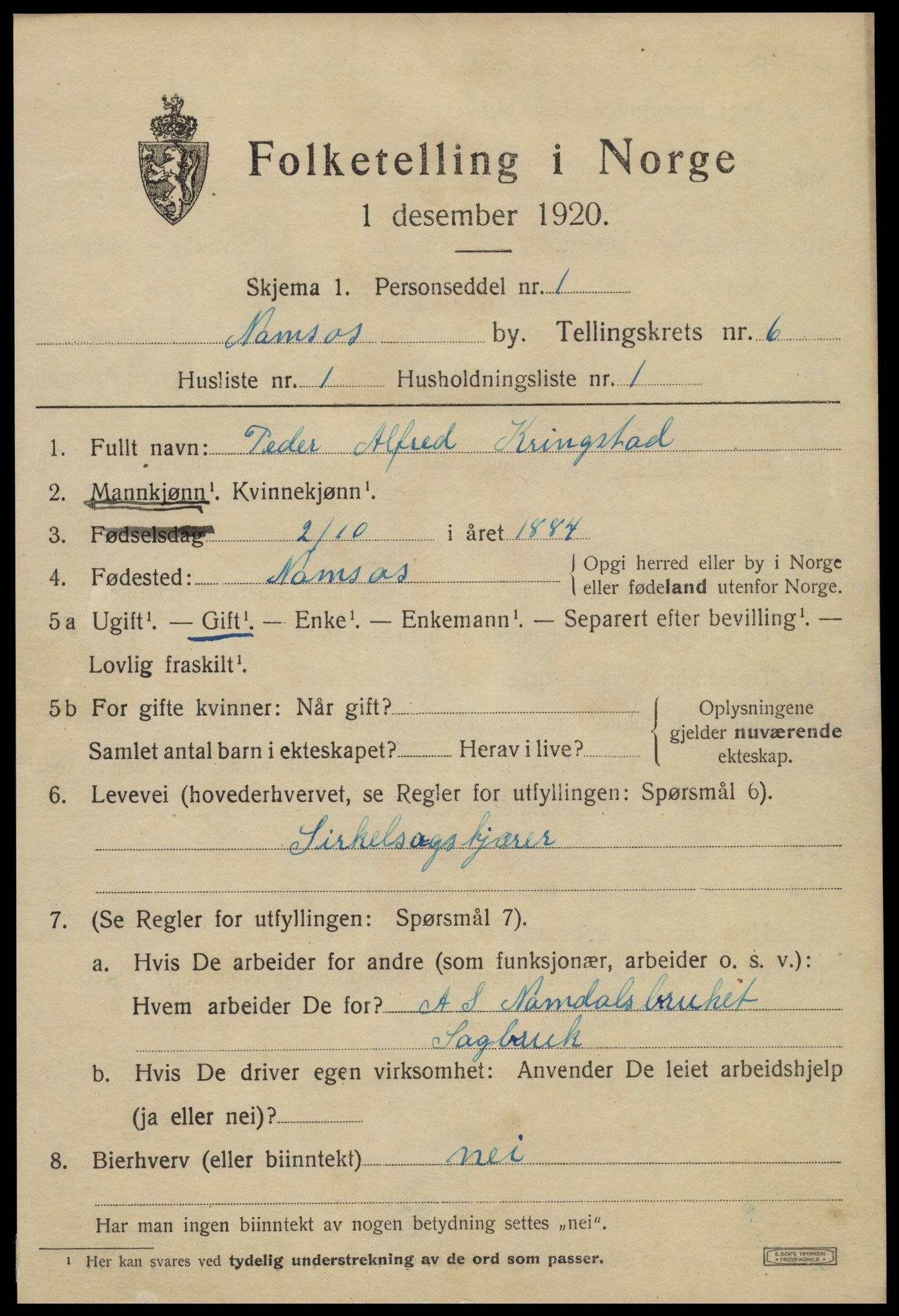 SAT, 1920 census for Namsos, 1920, p. 6331