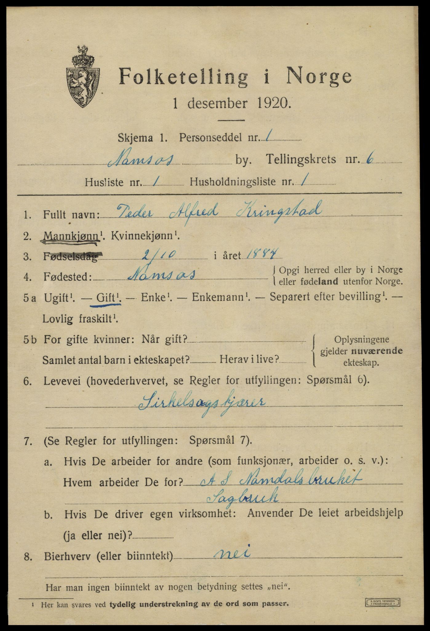 SAT, 1920 census for Namsos, 1920, p. 6331