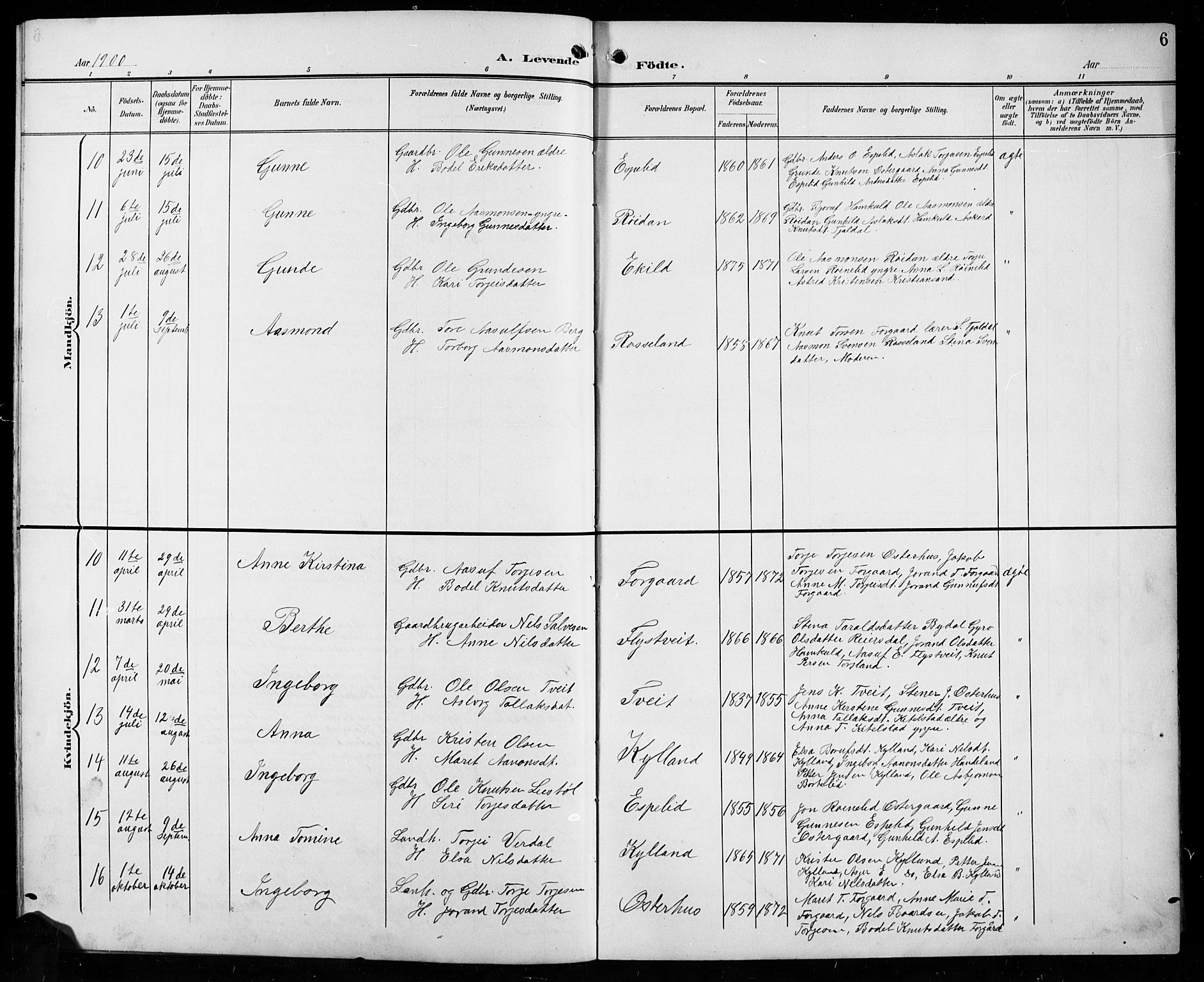 Åseral sokneprestkontor, SAK/1111-0051/F/Fb/L0003: Parish register (copy) no. B 3, 1900-1919, p. 6