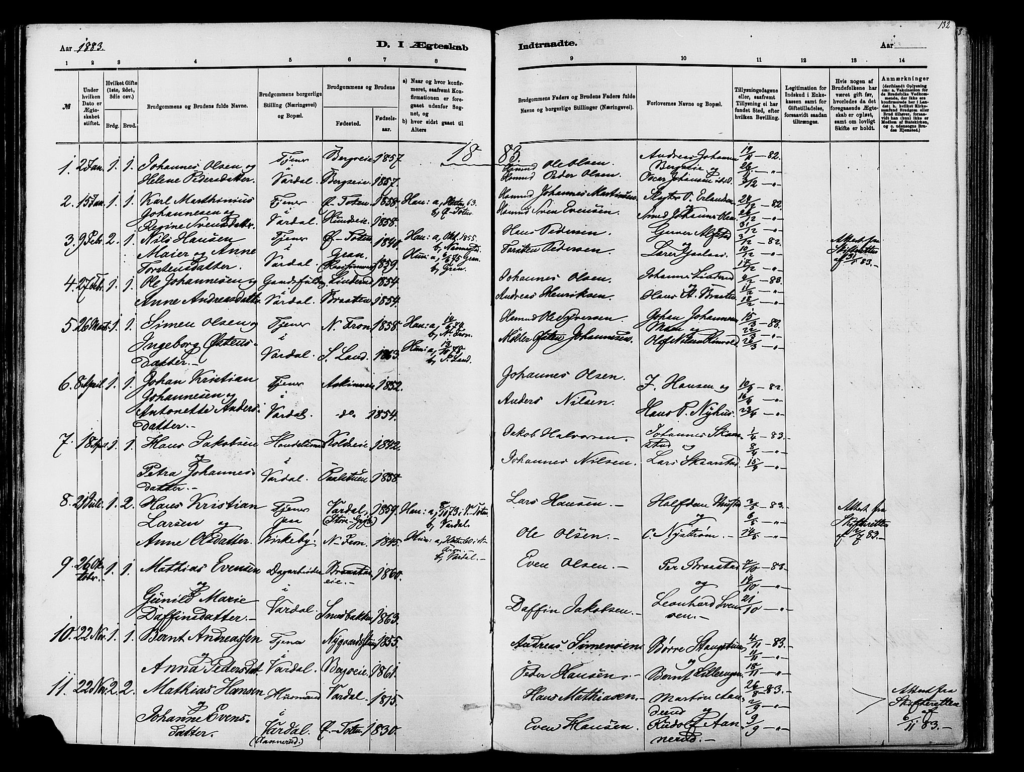 Vardal prestekontor, SAH/PREST-100/H/Ha/Haa/L0009: Parish register (official) no. 9, 1878-1892, p. 132