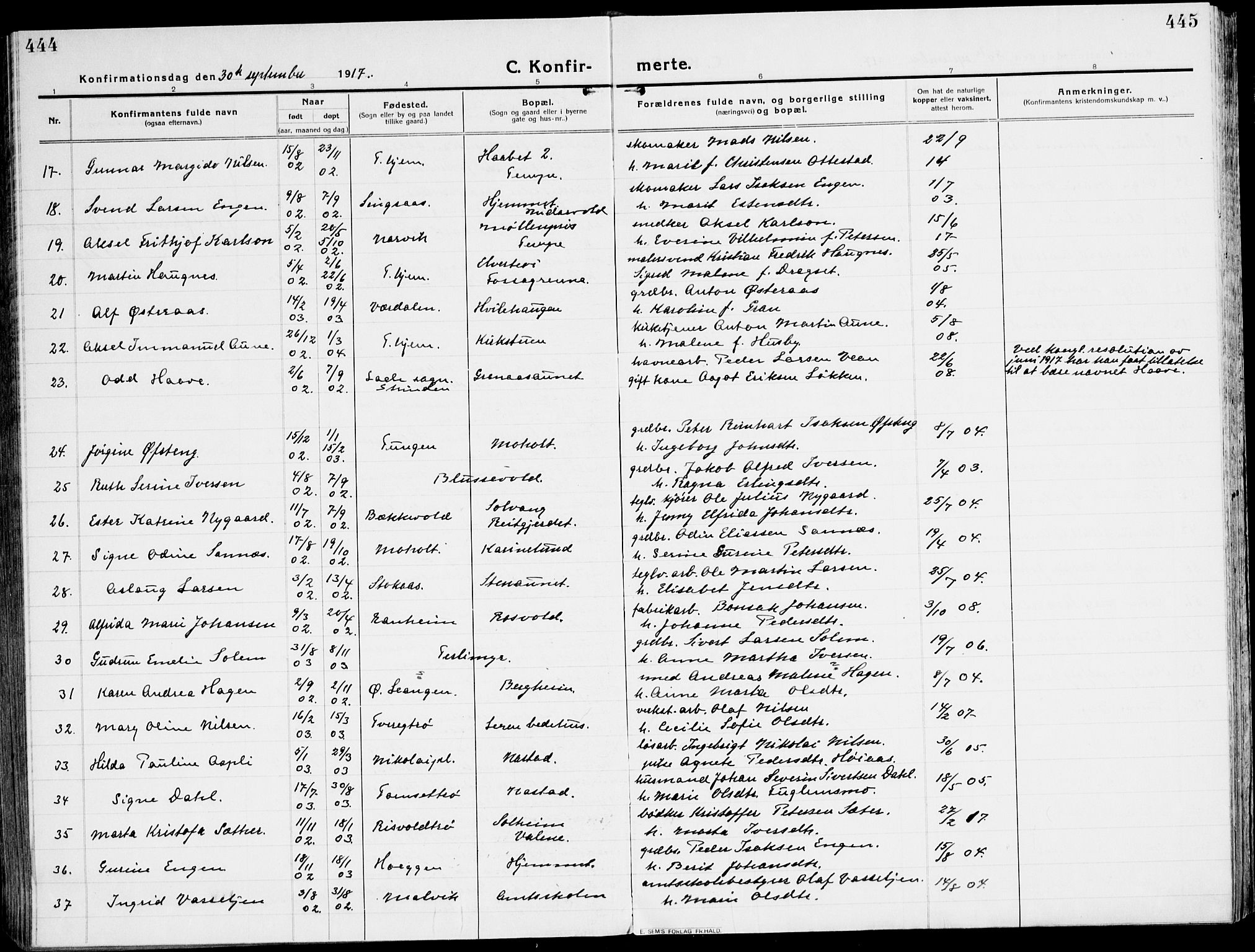 Ministerialprotokoller, klokkerbøker og fødselsregistre - Sør-Trøndelag, AV/SAT-A-1456/607/L0321: Parish register (official) no. 607A05, 1916-1935, p. 444-445