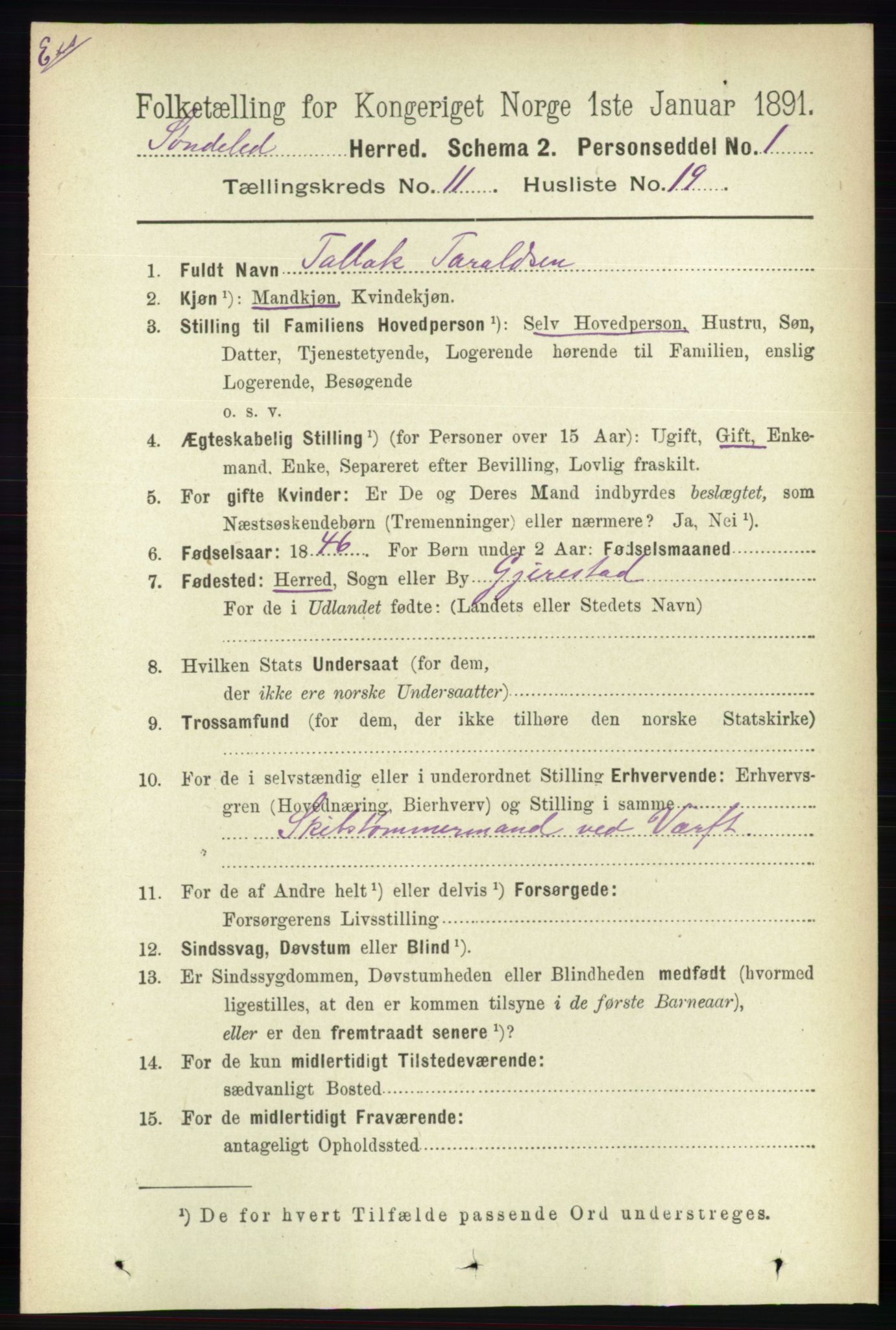 RA, Census 1891 for Nedenes amt: Gjenparter av personsedler for beslektede ektefeller, menn, 1891, p. 153