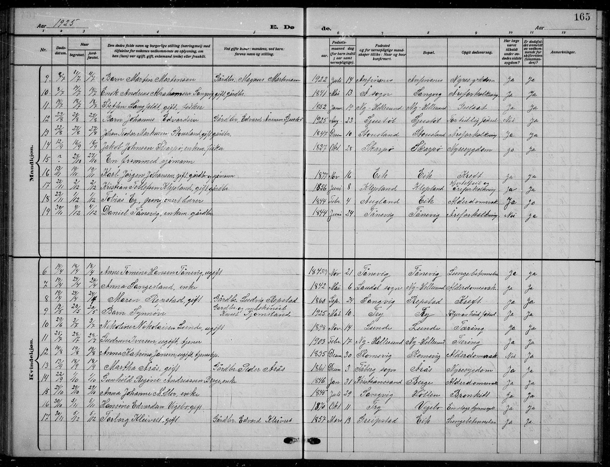 Søgne sokneprestkontor, SAK/1111-0037/F/Fb/Fbb/L0007: Parish register (copy) no. B 7, 1912-1931, p. 165